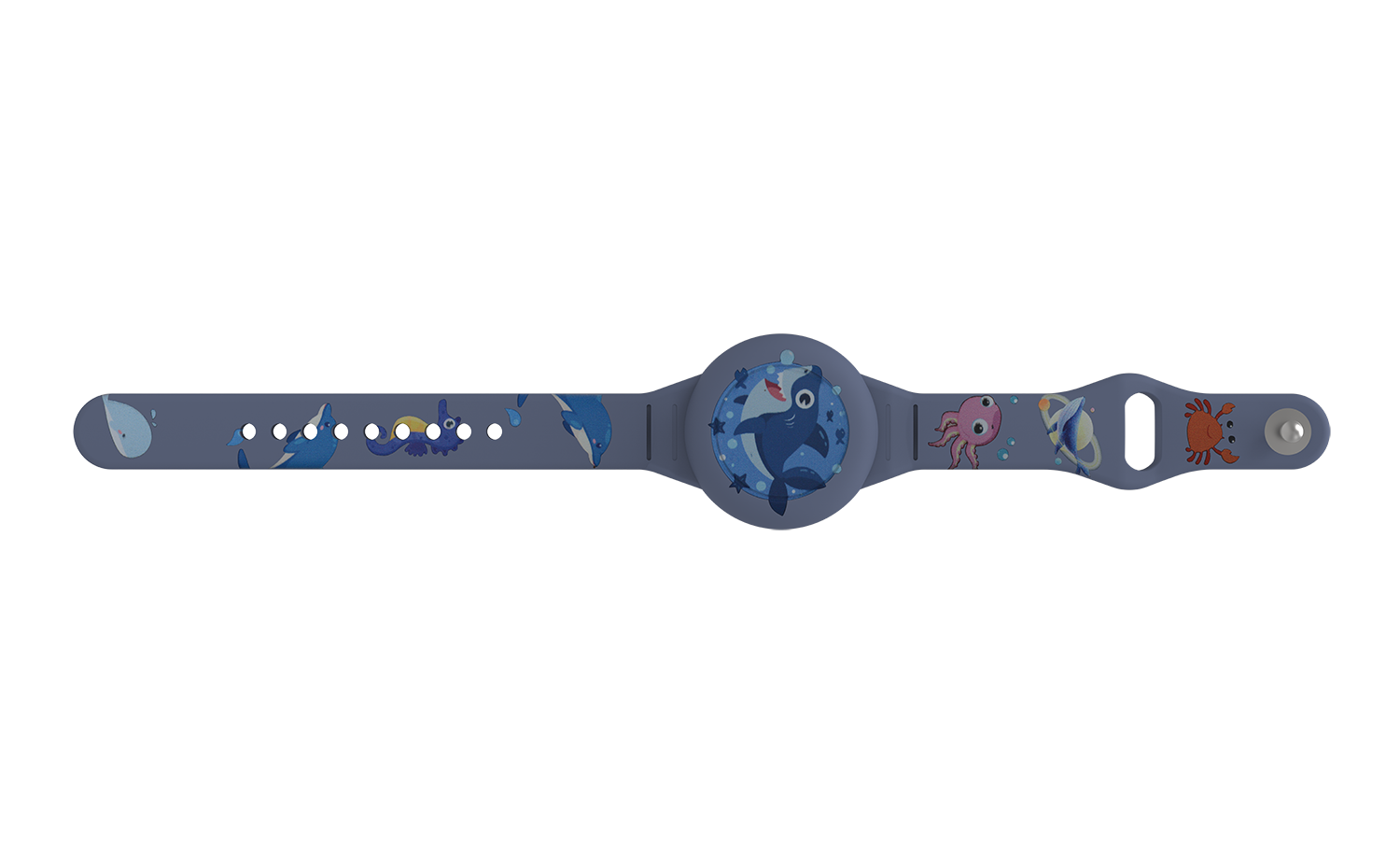 Ein blaues Armband mit verschiedenen Meeresmotiven wie Delfin, Wal, Oktopus und Fisch.