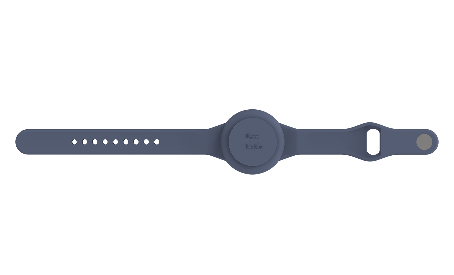 Ein graublaues Armband mit einem runden Mittelteil und einem Loch am Ende.