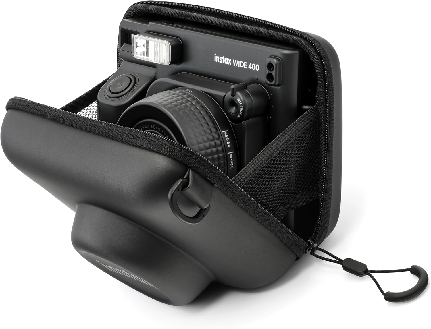 Fekete Instax Wide 400 kamera fekete cipzáras tokban.