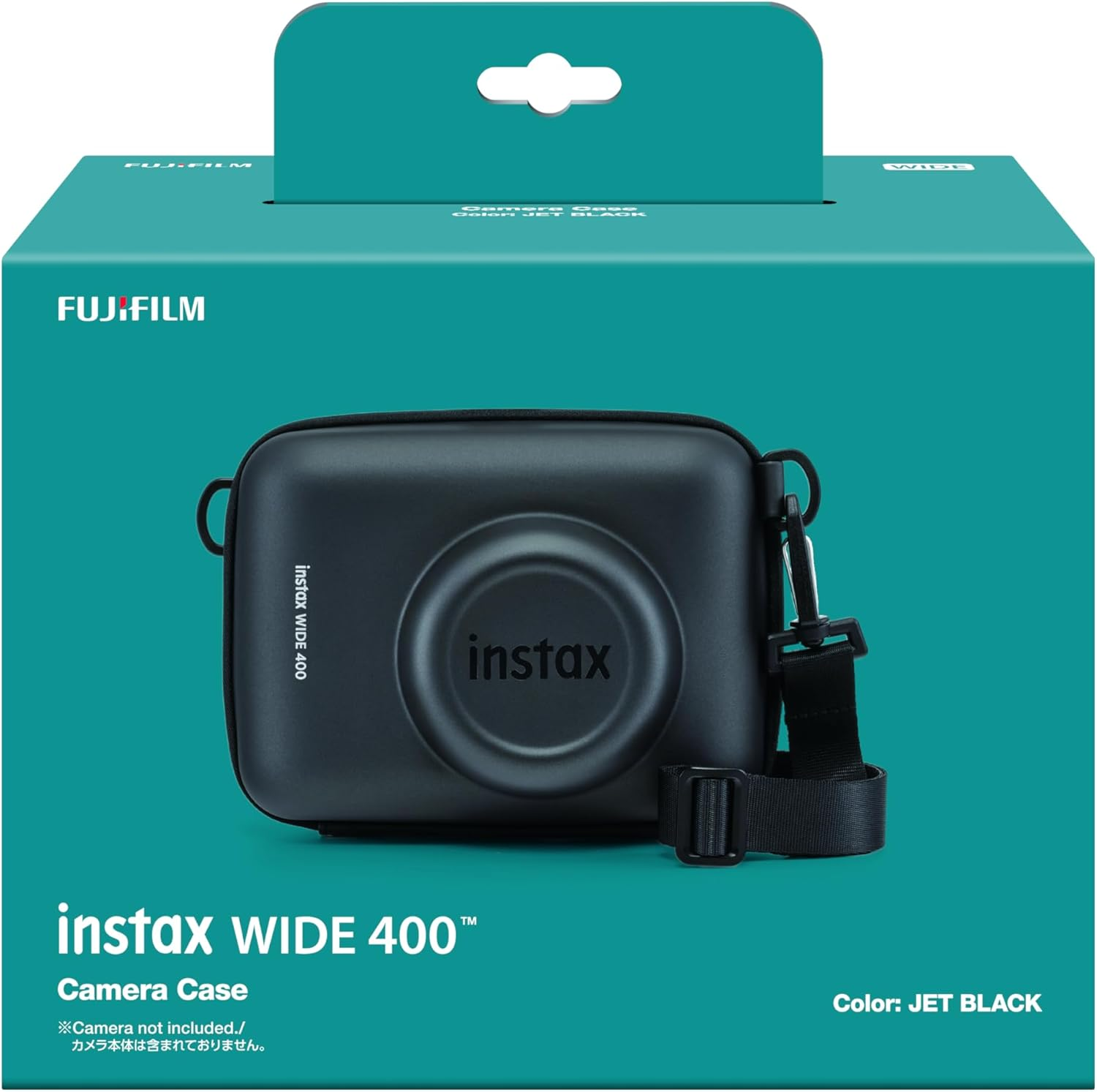 Fekete Instax Wide 400 kameratartó tok szíjjal, türkiz dobozon.