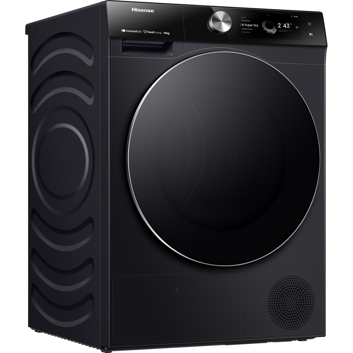 Een zwarte Hisense warmtepomp droger 10kg met een groot rond glazen deur en digitaal display.