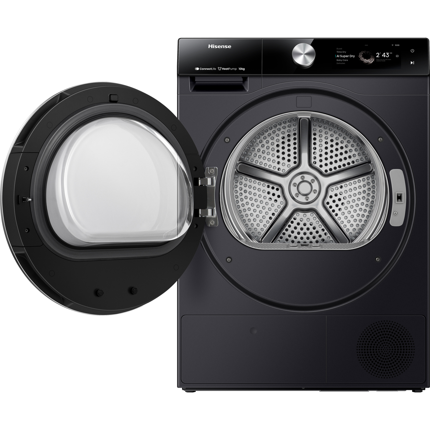 Zwarte Hisense droger met open deur en heldere trommel.