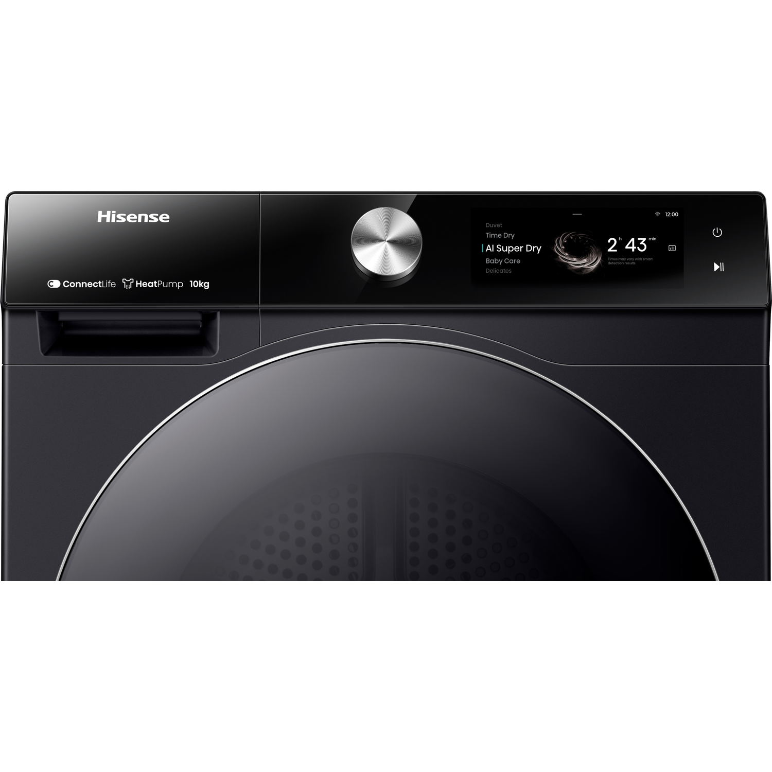 Close-up van een zwarte Hisense droger met touchscreen en draaiknop.