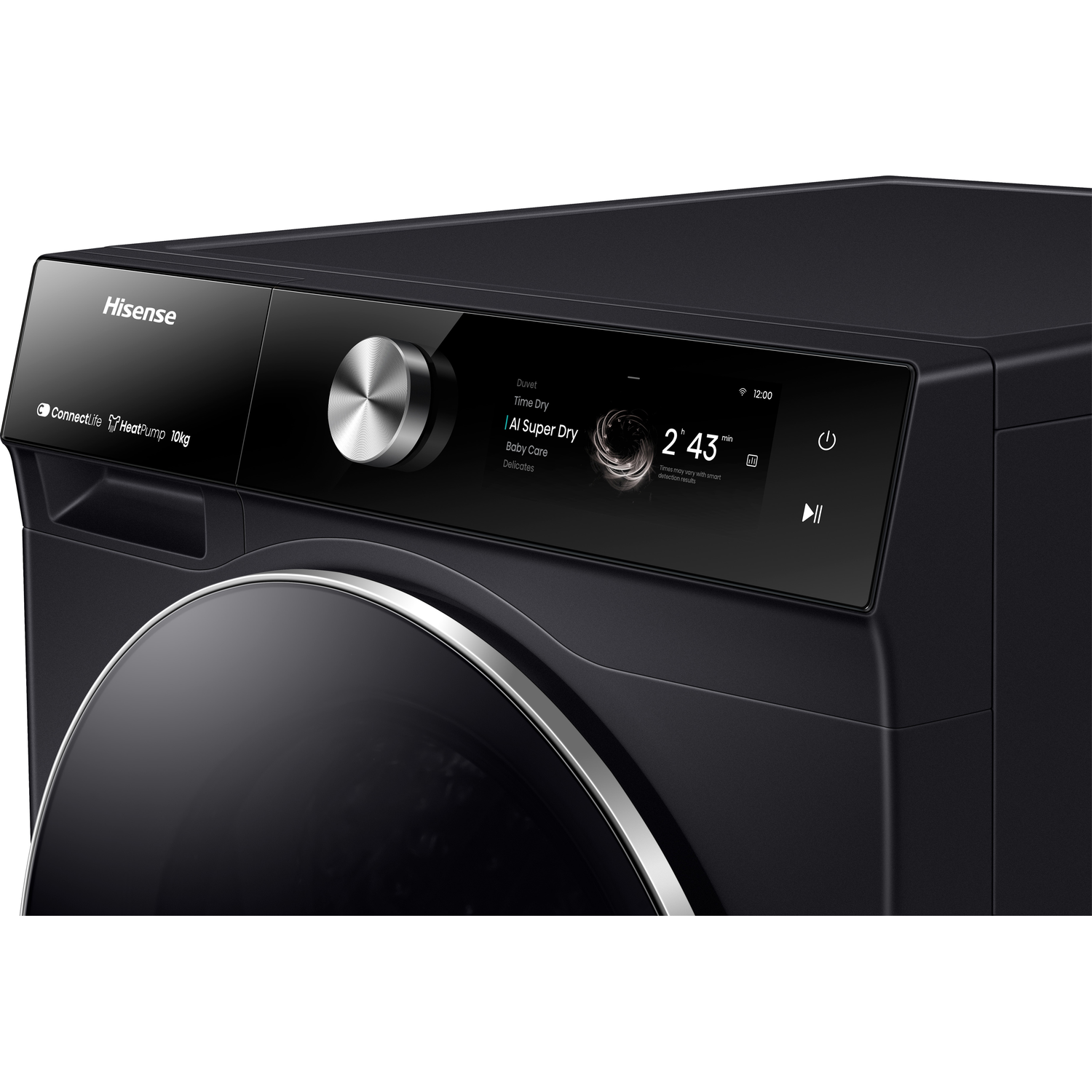 Zwarte Hisense wasmachine met zilveren draaiknop en touchscreen display.