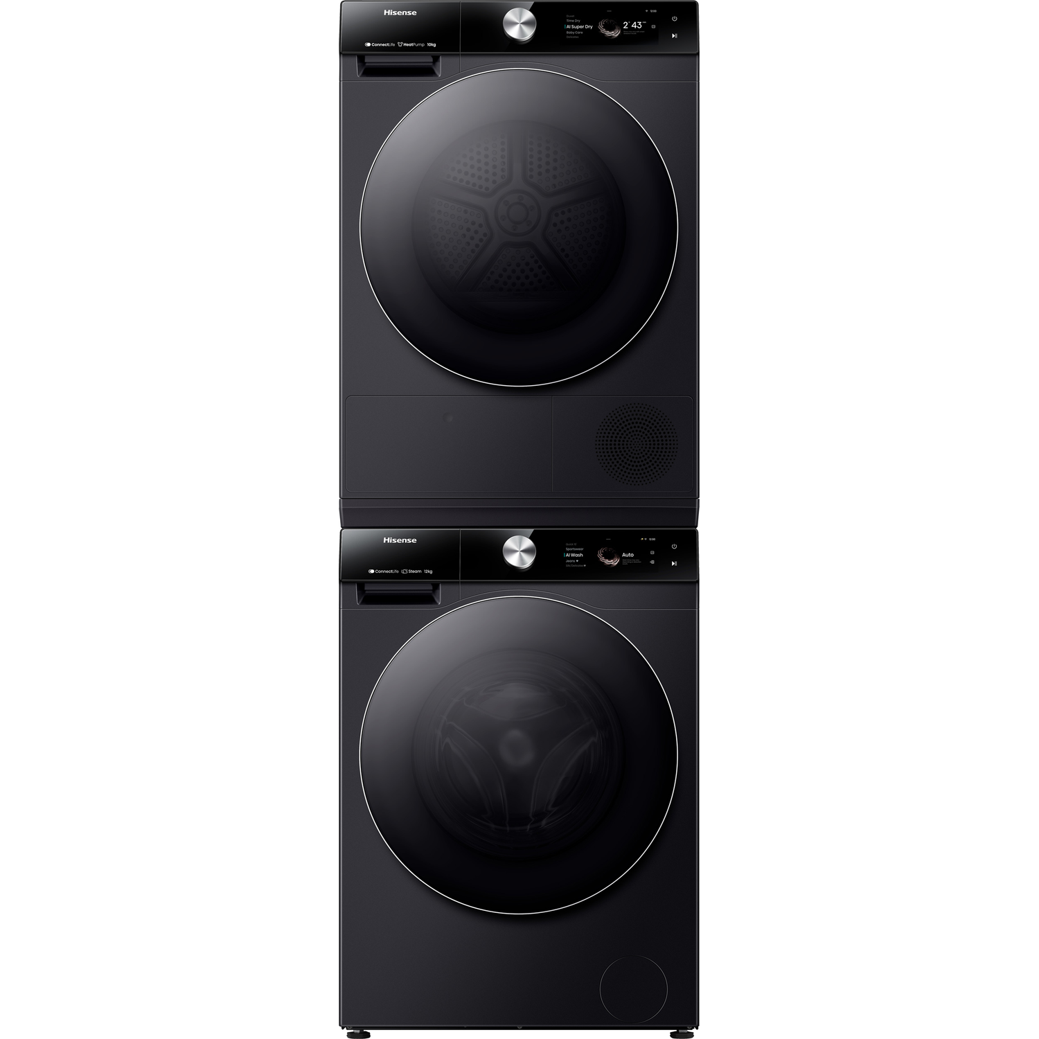 Zwarte Hisense gestapelde wasmachine en droger met digitale displays.