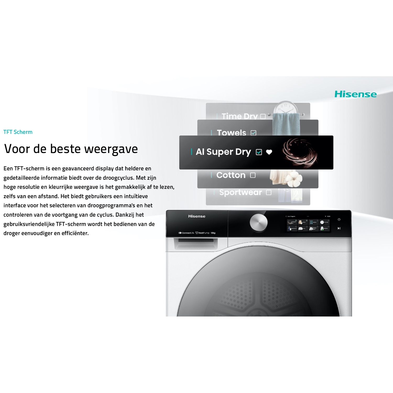 Hisense droger met TFT-display toont programma's zoals Tijd, Handdoeken, Super Dry, Katoen.