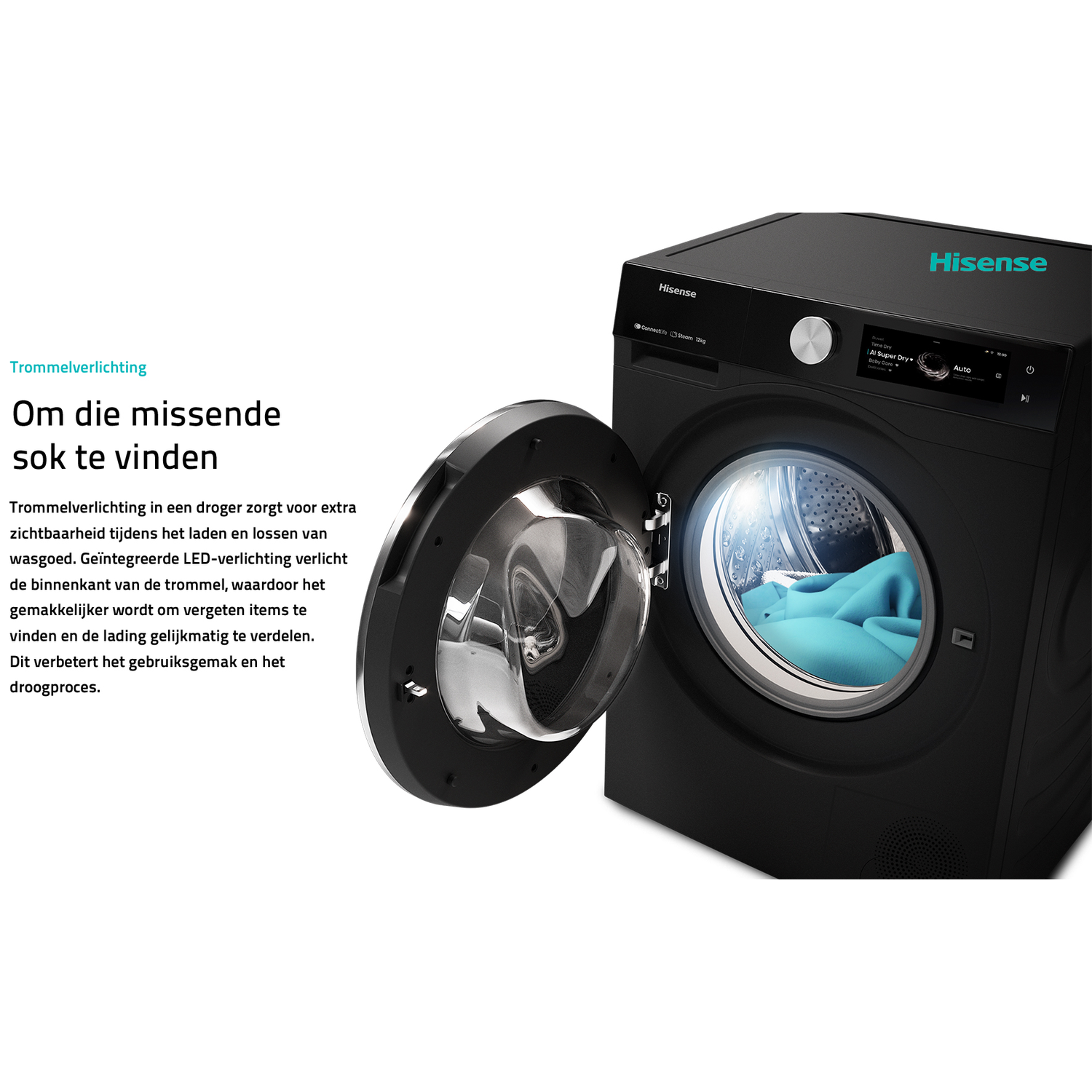 Zwarte Hisense droger met open deur, verlichte trommel met blauw wasgoed erin.
