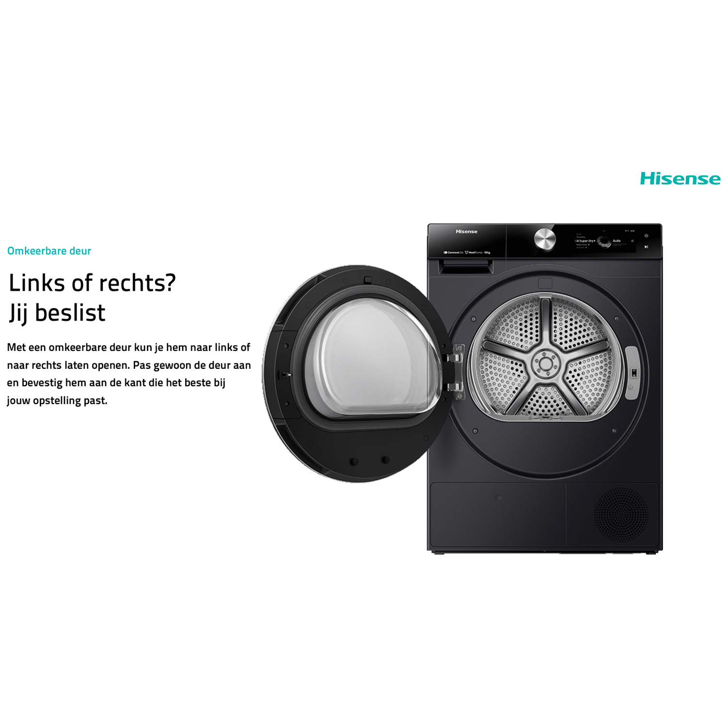 Zwarte droger met open deur, Hisense logo boven.