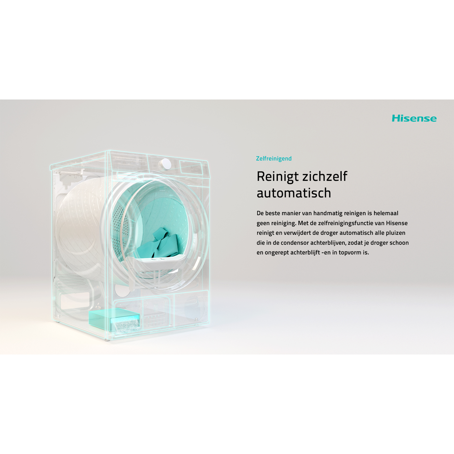 Transparante droger met Hisense logo, zelfreinigende functie