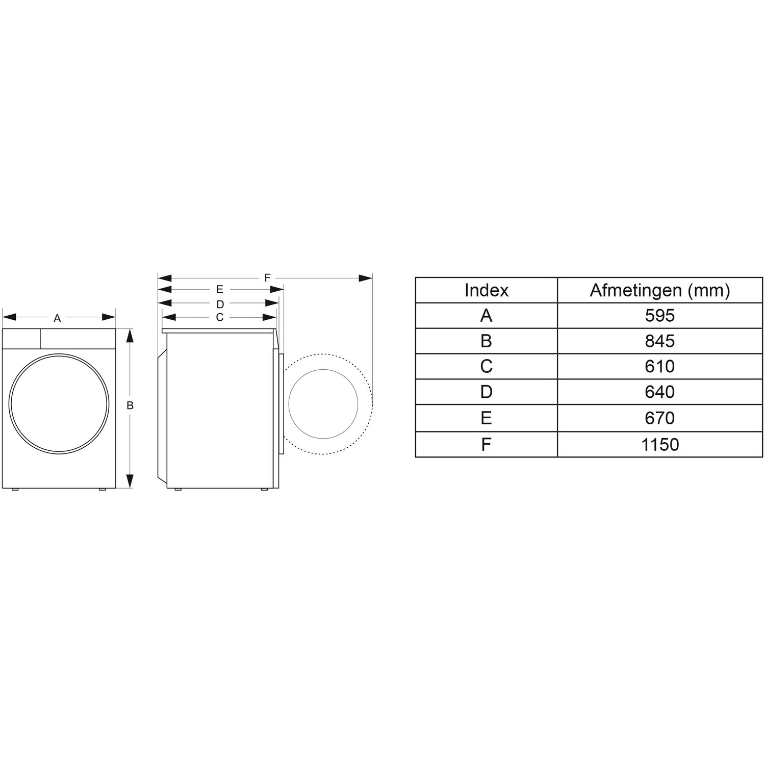 Technische tekening van een wasmachine met afmetingen A-F in mm.