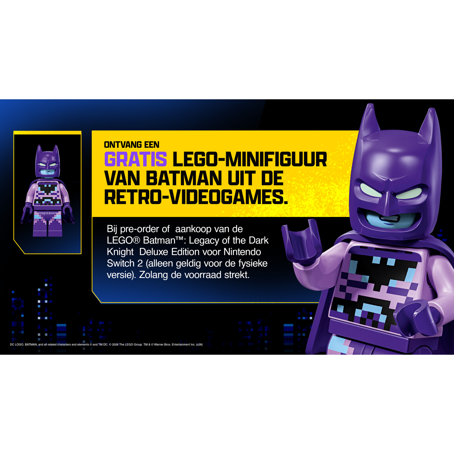 Paarse LEGO Batman minifiguur met pixeldesign, promoot een spel.