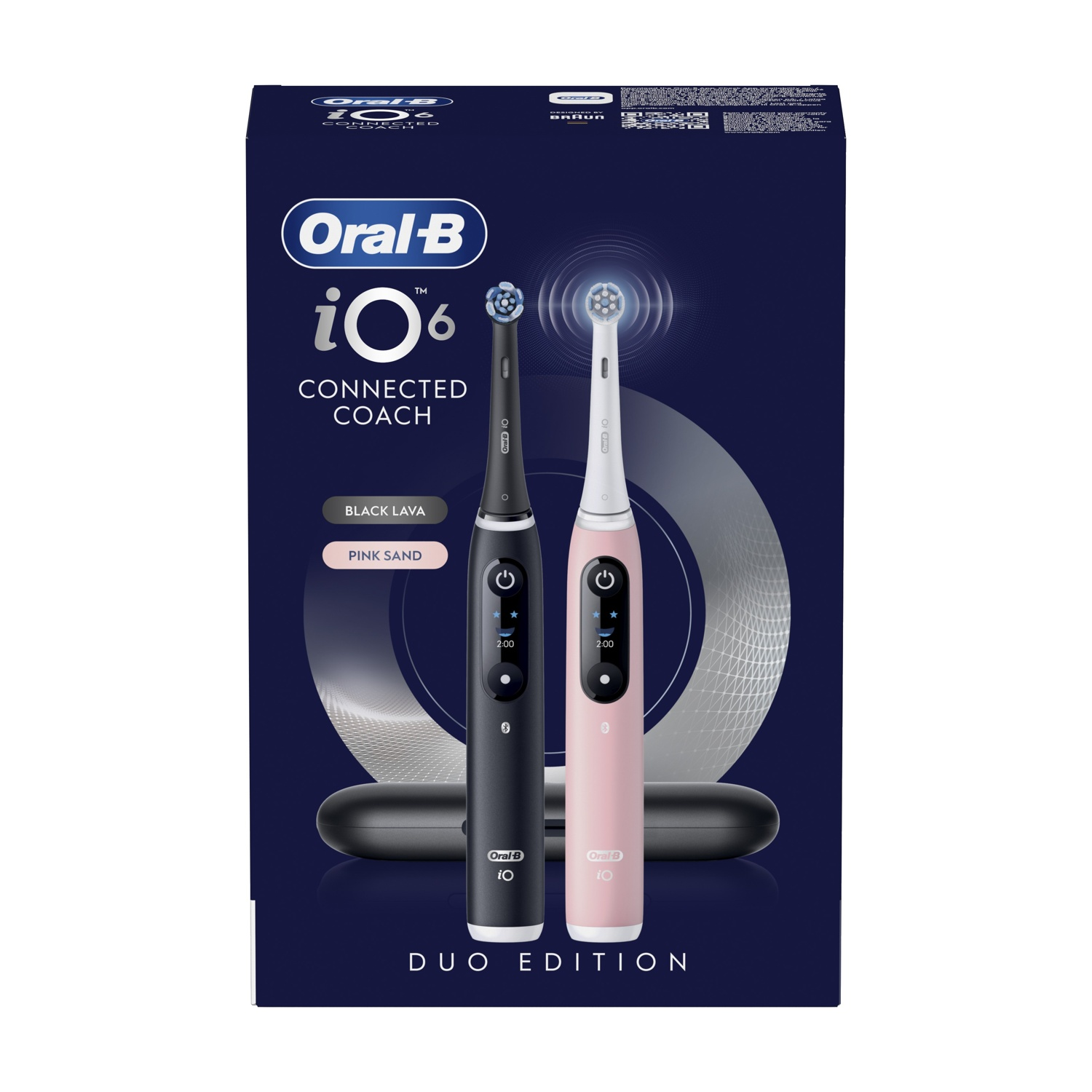 Due spazzolini elettrici Oral-B iO6, uno nero, uno rosa, su scatola blu scuro.