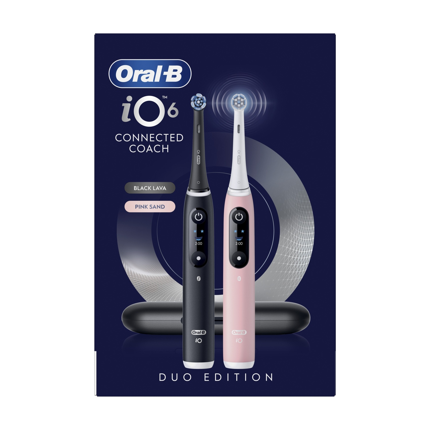 Due spazzolini Oral-B iO6 Connected Coach, nero e rosa, con custodia di ricarica.