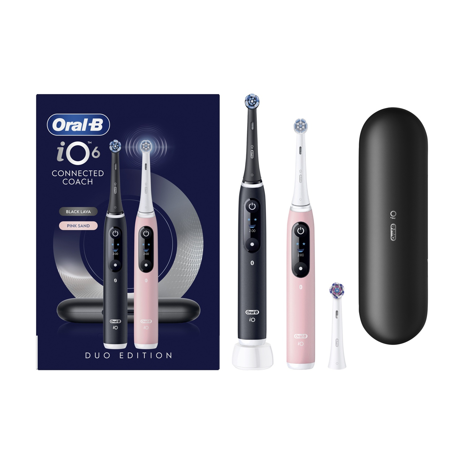 Due spazzolini elettrici Oral-B iO, uno nero e uno rosa, con basi di ricarica e custodia.