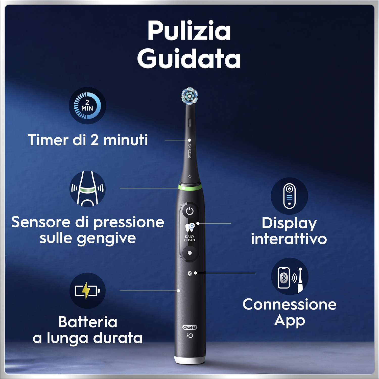 Spazzolino elettrico con timer, sensore pressione, batteria lunga durata, display e app.