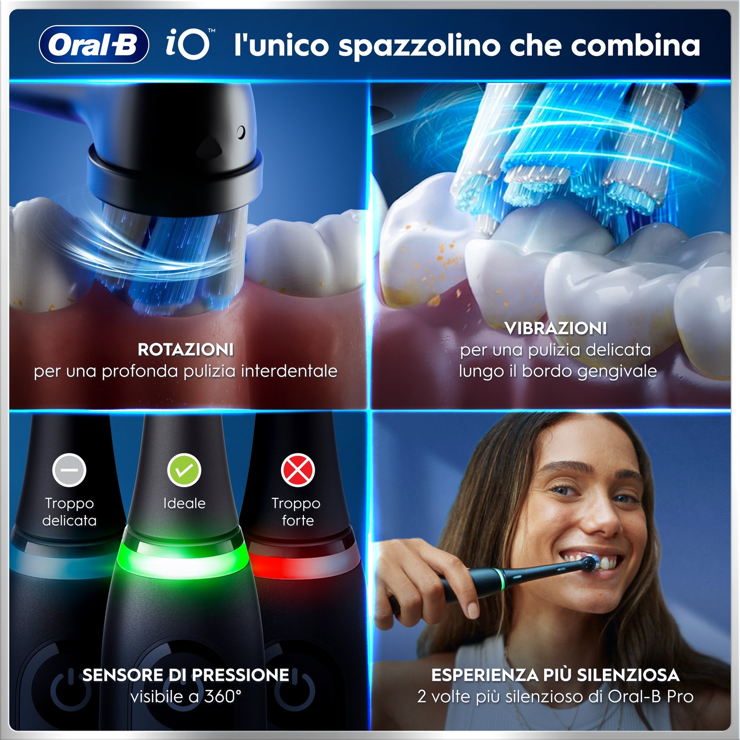 Spazzolino Oral-B mostra rotazioni, vibrazioni, sensore pressione ed esperienza silenziosa.