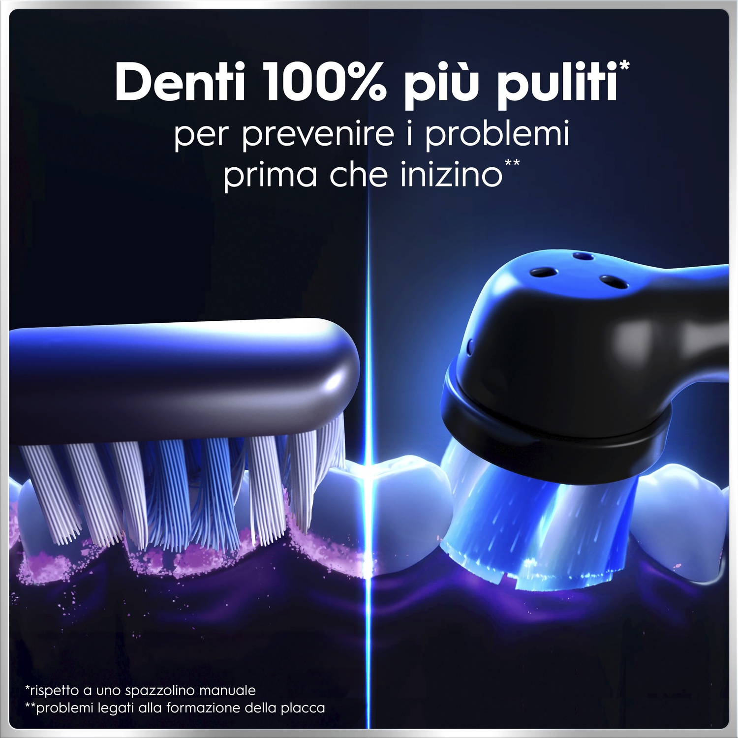 Testine elettriche puliscono denti con setole blu e bianche.