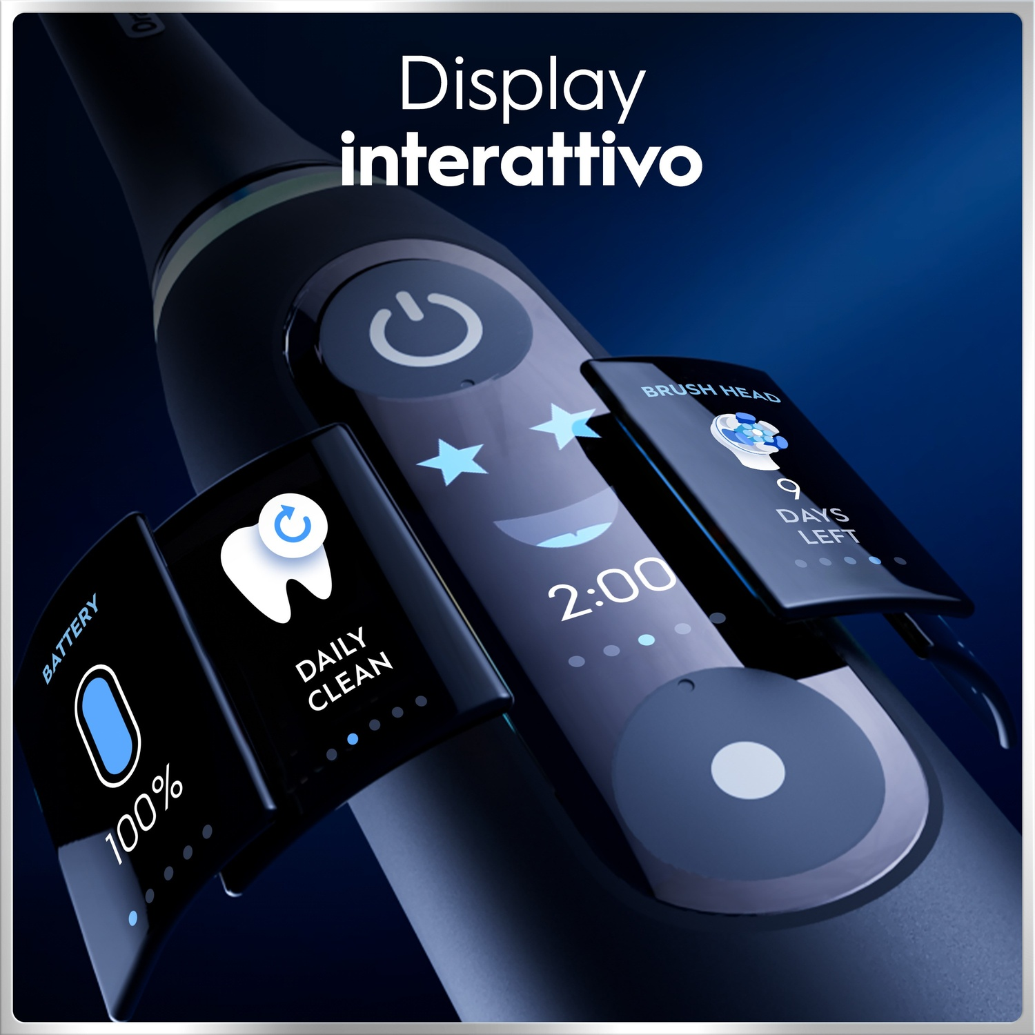 Display interattivo dello spazzolino che mostra batteria, ora e stato della testina.
