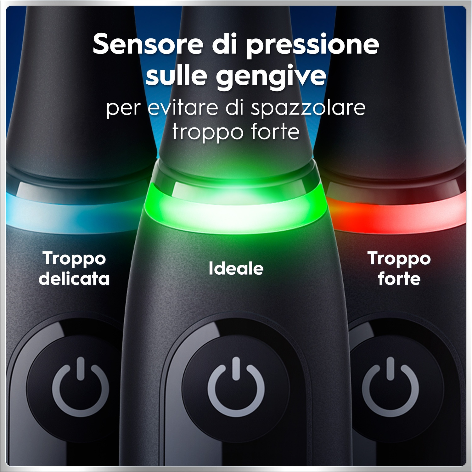 Tre spazzolini con sensori di pressione: troppo delicato (blu), ideale (verde), troppo forte (rosso).