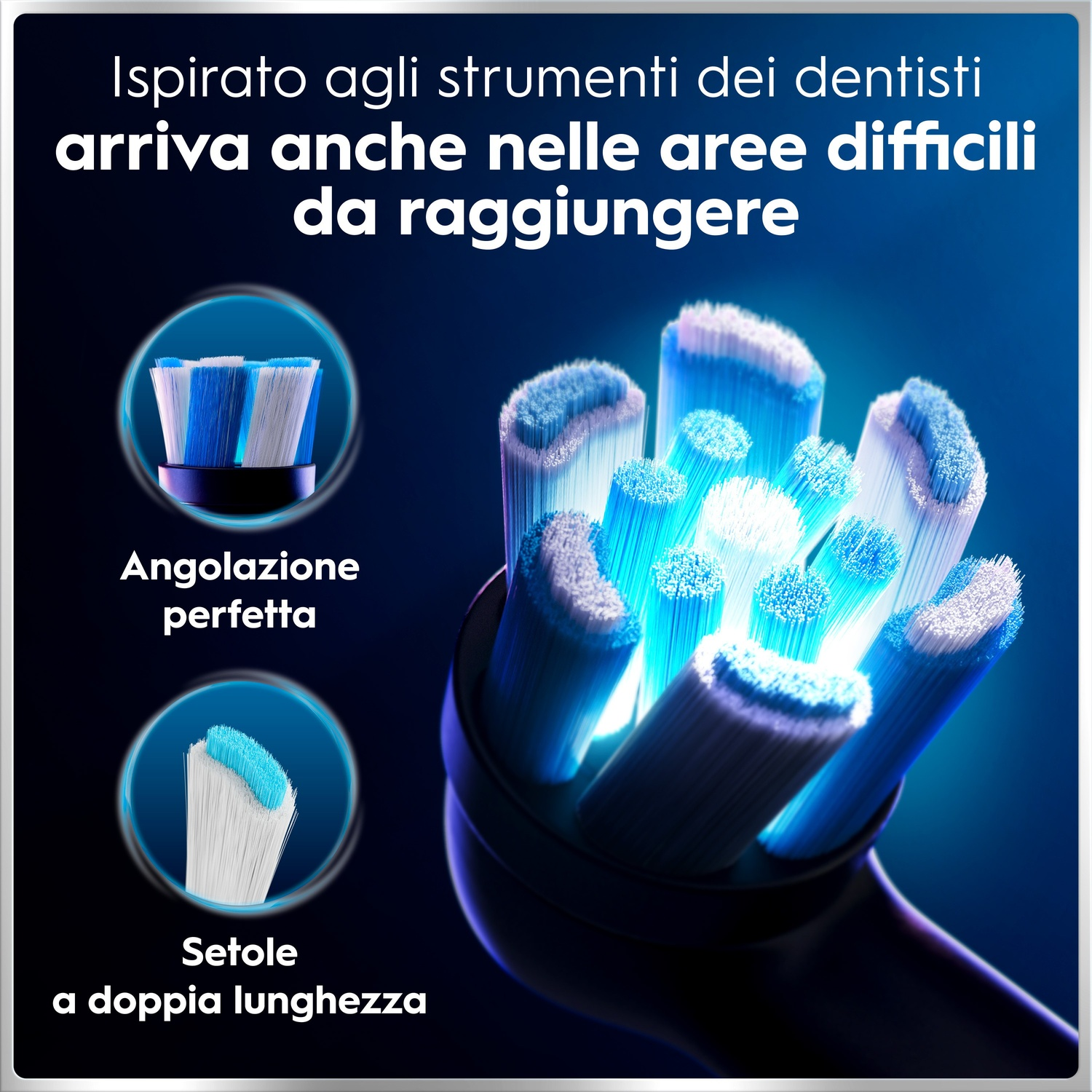 Testine per spazzolino elettrico con setole blu e bianche, ispirate dai dentisti.