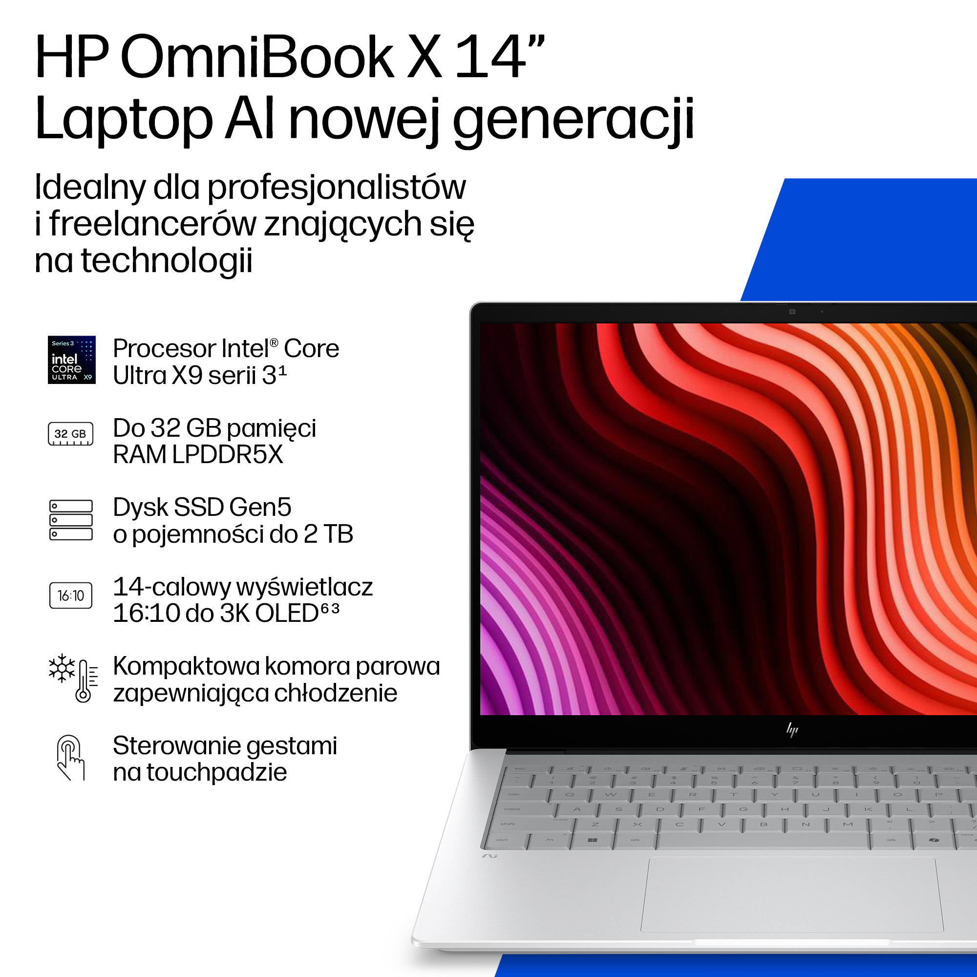 Srebrny laptop HP OmniBook z kolorową, abstrakcyjną tapetą na ekranie.