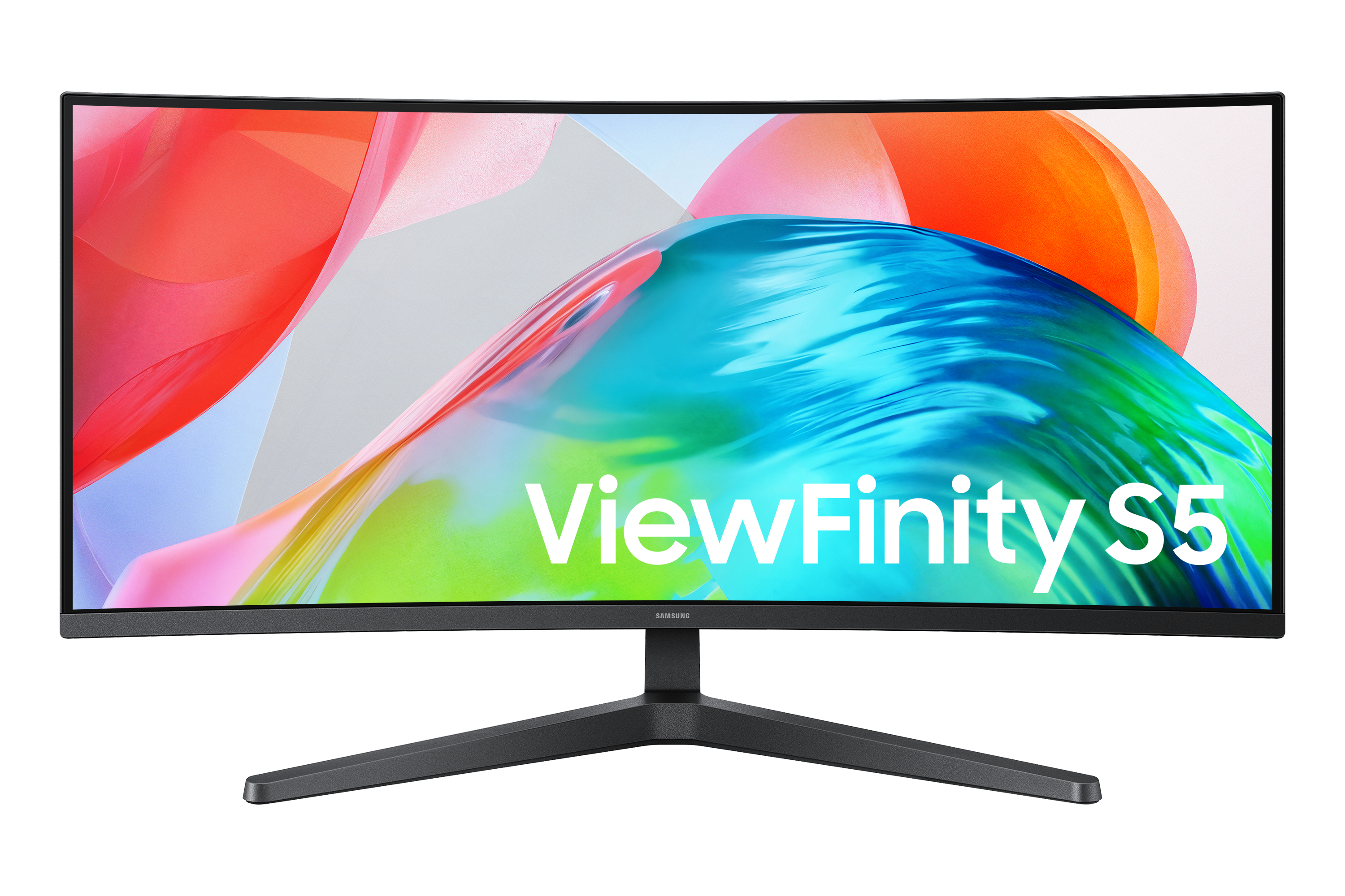 Ein gebogener Samsung ViewFinity S5 Monitor mit einem bunten, abstrakten Hintergrund.