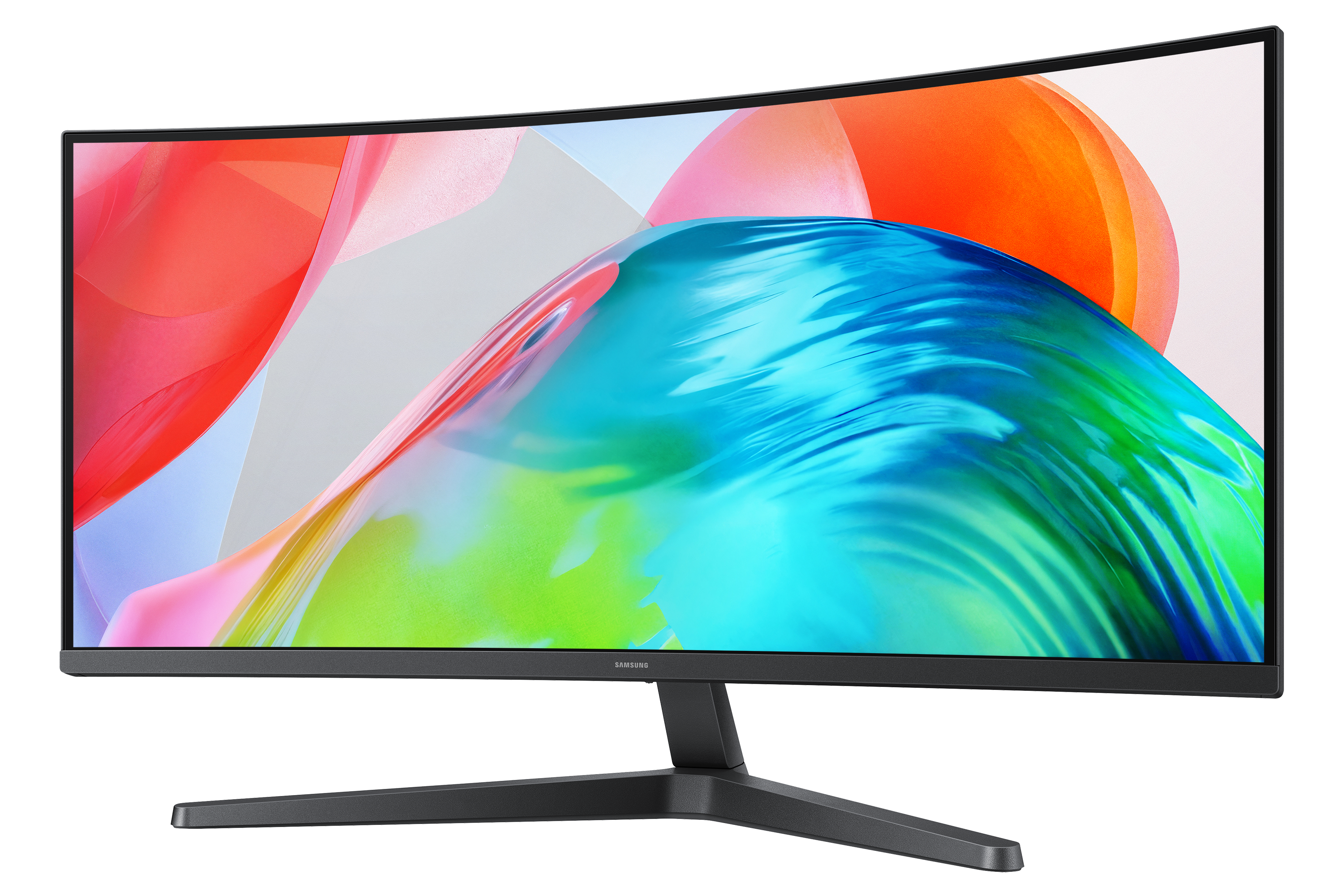 Ein gebogener Samsung-Monitor zeigt ein farbenfrohes abstraktes Bild mit blauen, grünen, rosa und orangen Farbtönen.