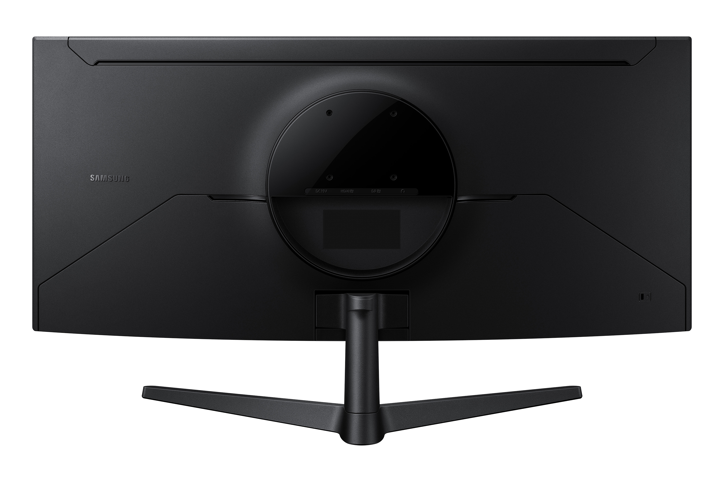 Rückseite eines schwarzen Samsung Monitors mit Anschlüssen und Ständer.