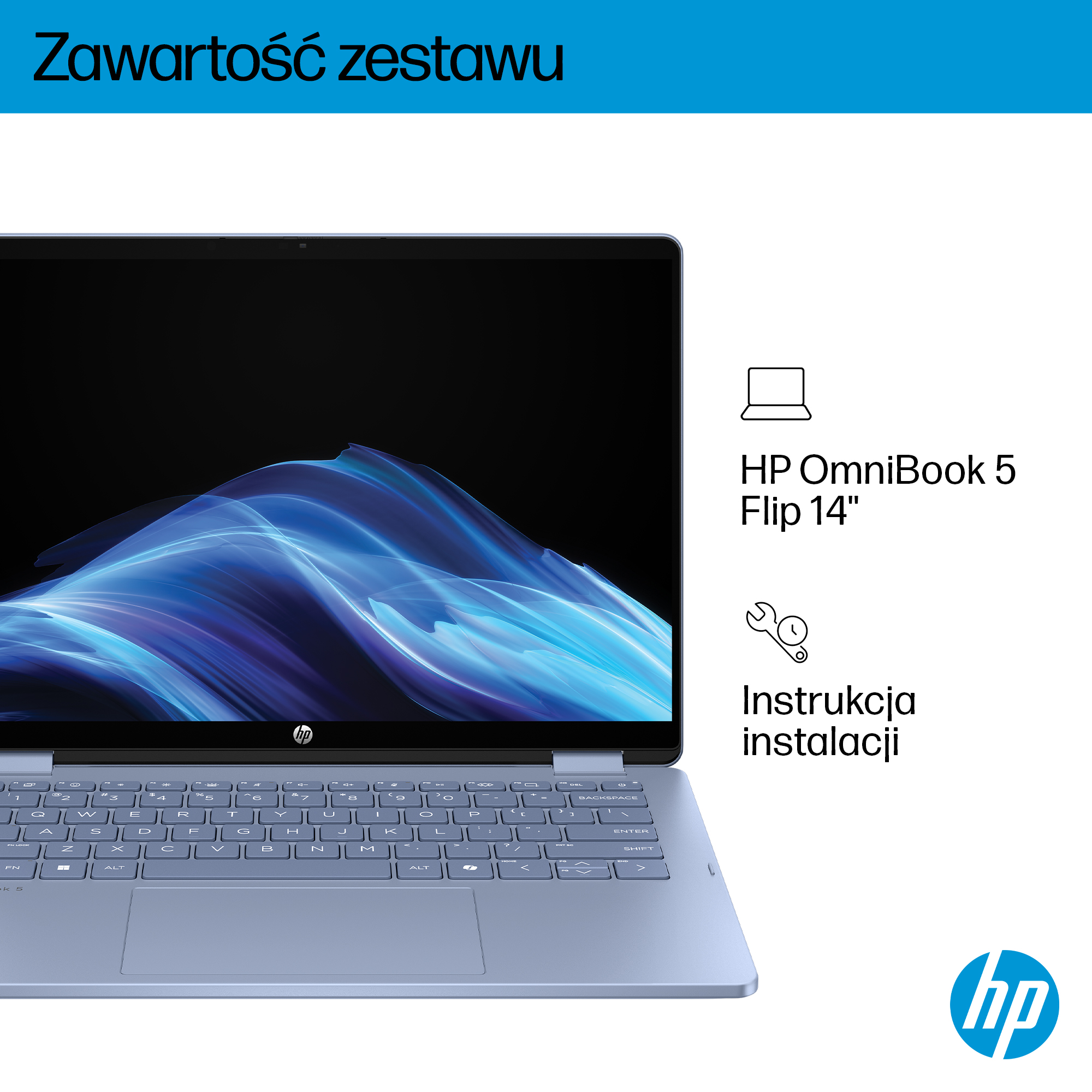 Jasnoniebieski laptop HP OmniBook 5 Flip 14 z niebieską abstrakcyjną tapetą.