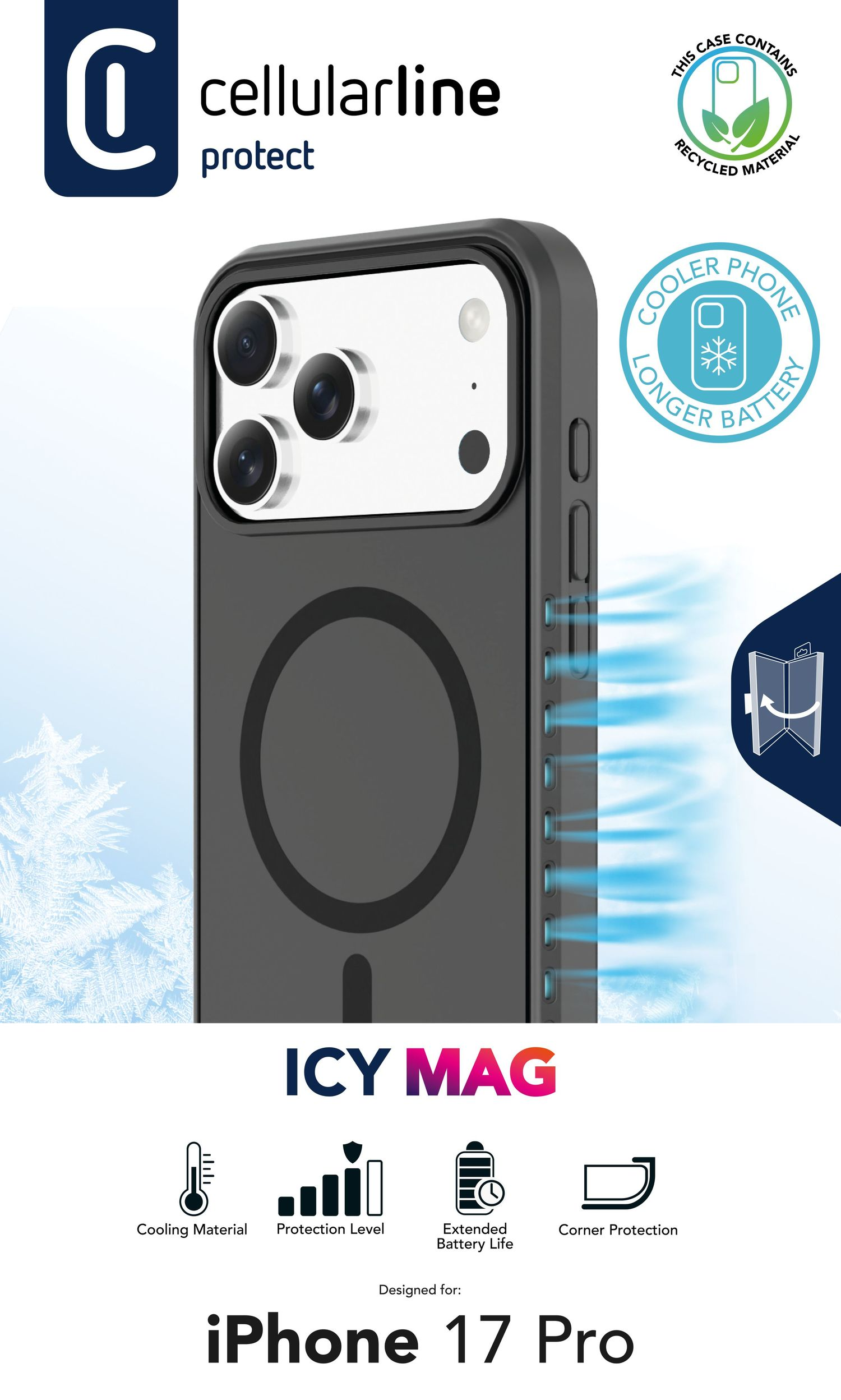 Schwarze Handyhülle für iPhone 17 Pro mit "ICY MAG"-Logo und Kühl-Symbolen.