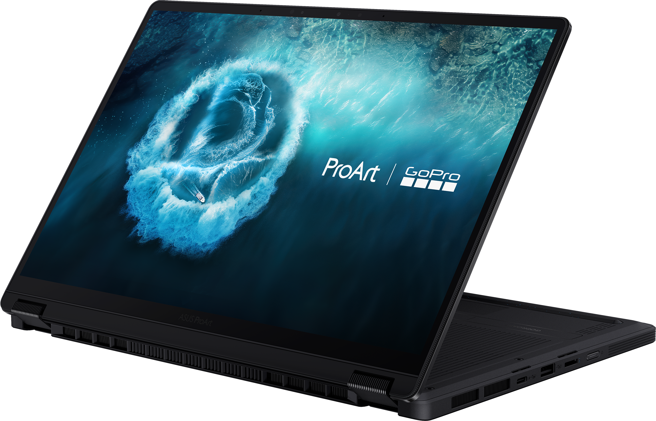 Schwarzer Laptop mit geöffnetem Bildschirm, der eine Welle und ein Boot zeigt.