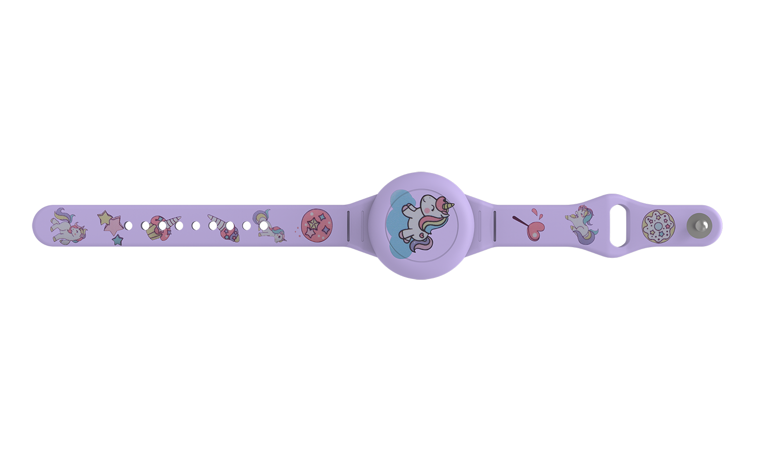Ein lila Armband mit Einhorn- und Sternenmotiven, inklusive eines zentralen Einhorns auf einer Wolke.