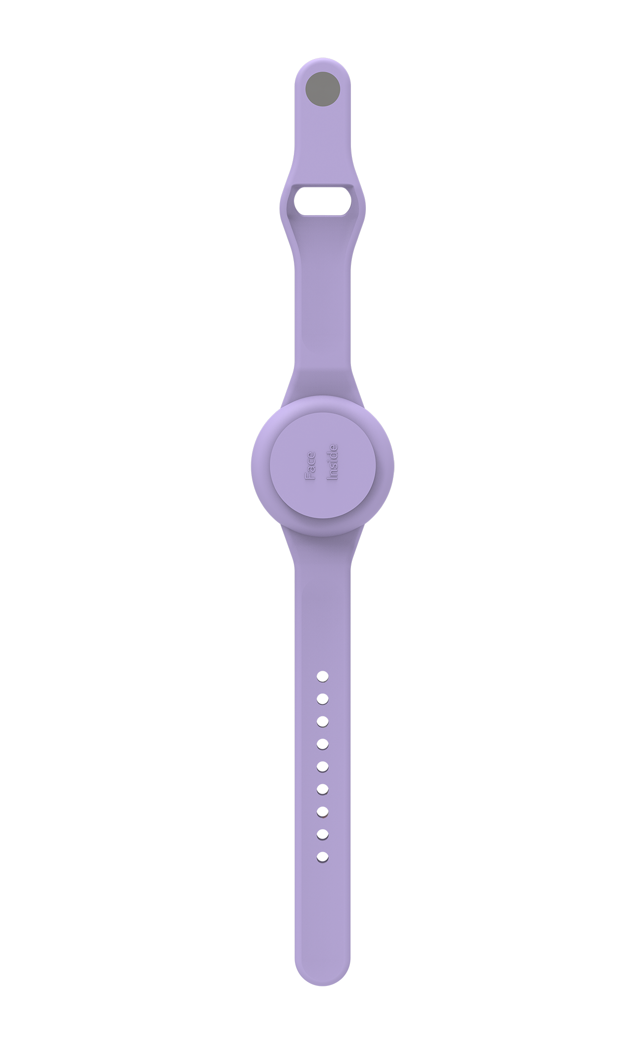 Ein lila Armband mit einem runden Mittelteil, das 'Face Inside' anzeigt.