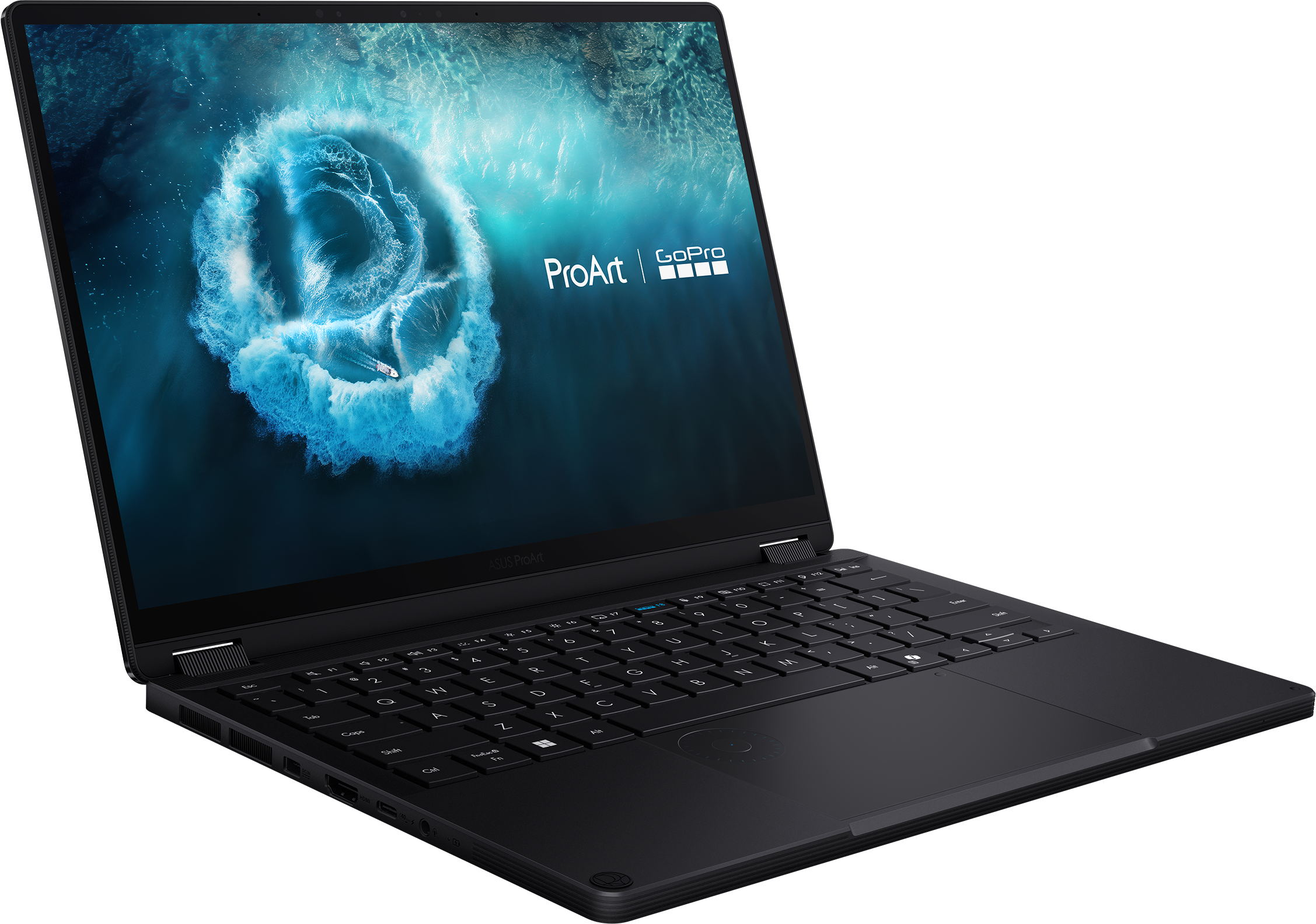 Schwarzer Laptop mit einem Bild von Wellen und einem Boot auf dem Bildschirm.