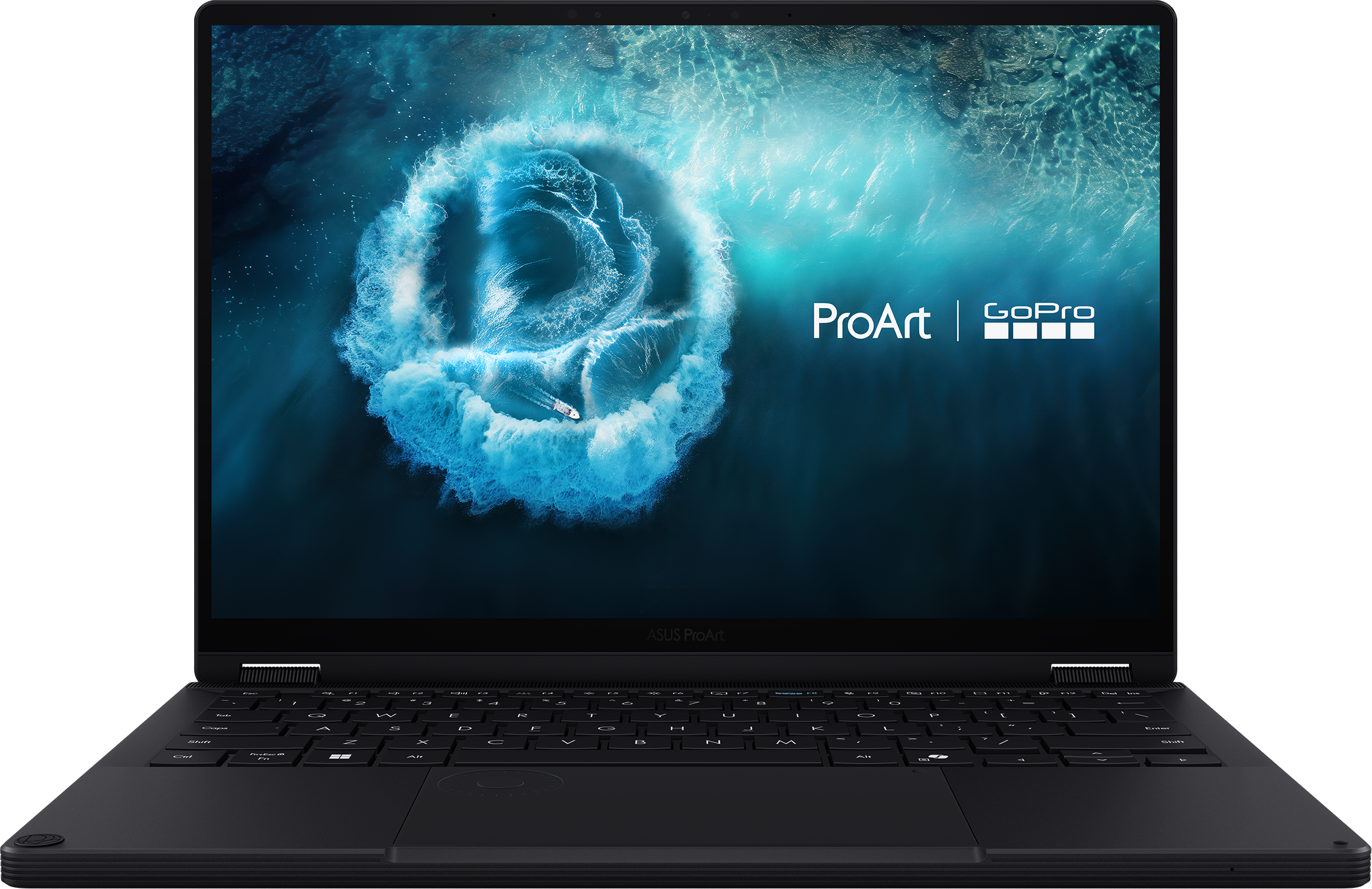 Schwarzer Laptop mit ASUS ProArt & GoPro Logo auf dem Bildschirm.