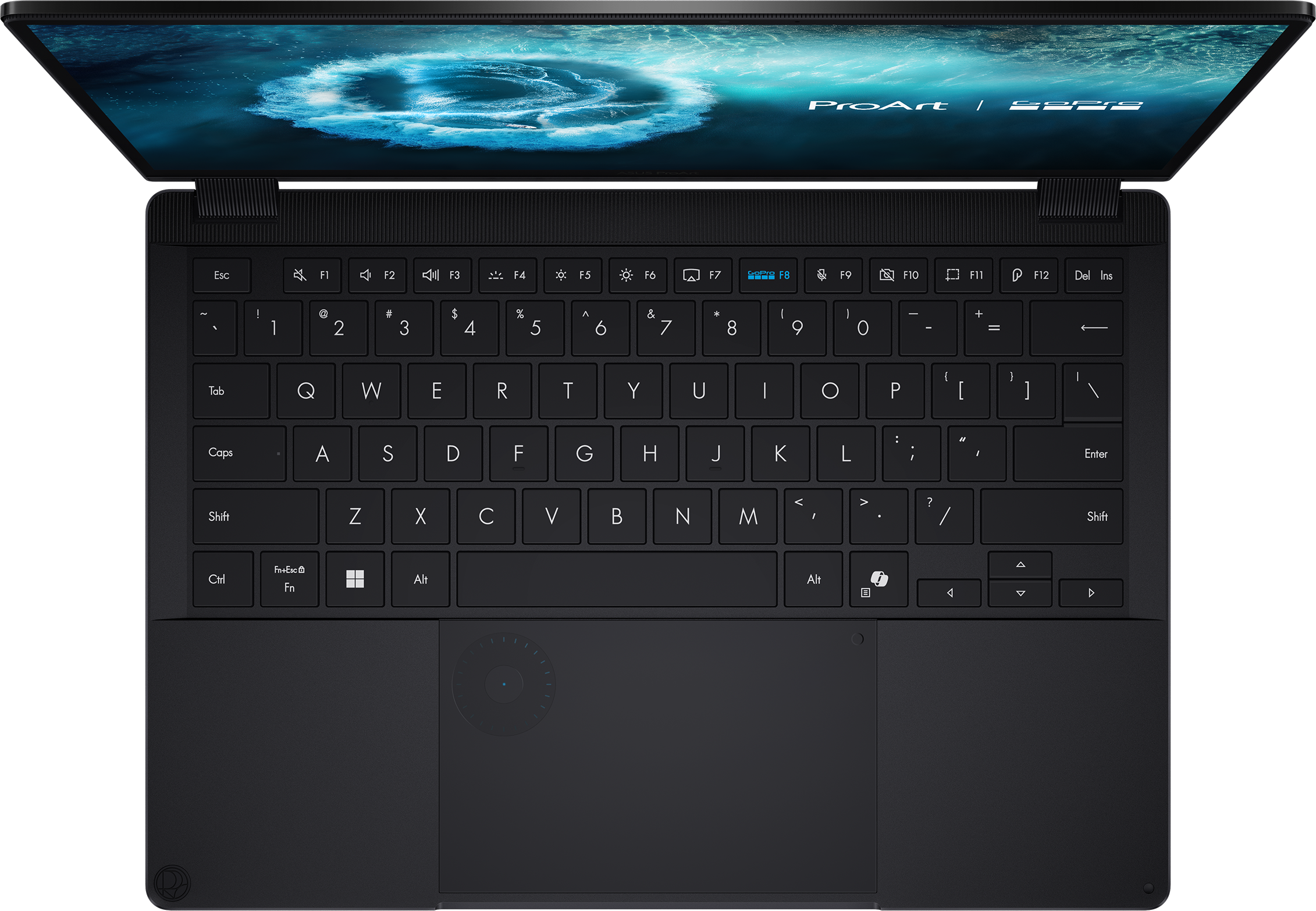 Ein schwarzer Laptop mit geöffnetem Bildschirm, der eine blaue Grafik zeigt.