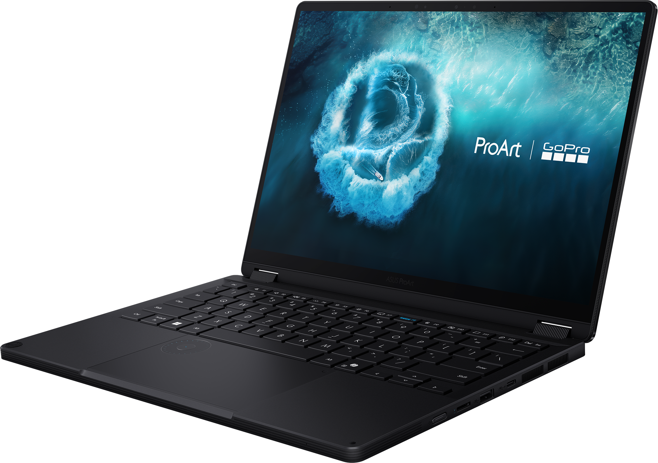 Ein schwarzer ASUS ProArt Laptop zeigt eine wirbelnde blaue Meereswoge mit einem Boot.