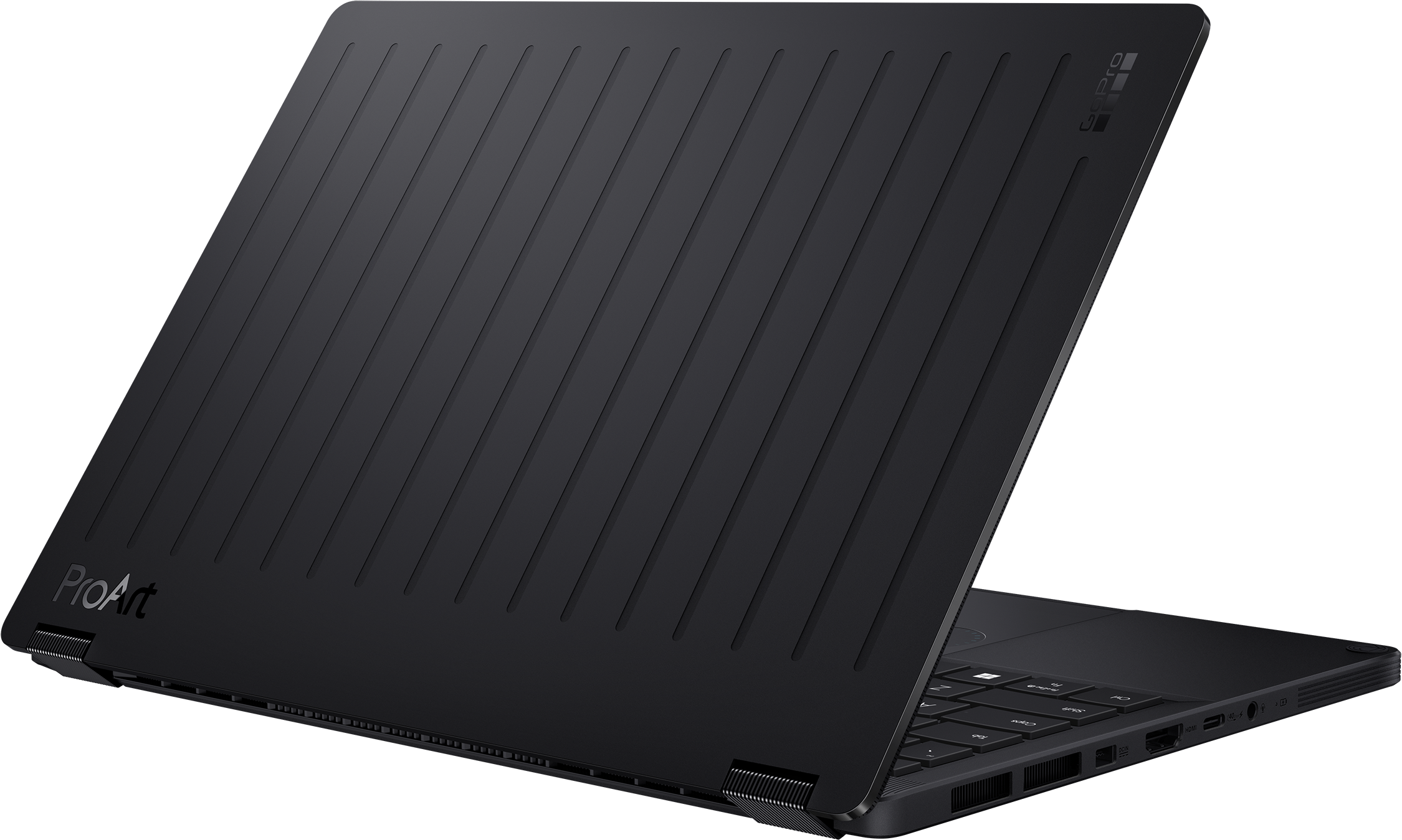 Schwarzer Laptop mit gerilltem Deckel und ProArt-Logo.