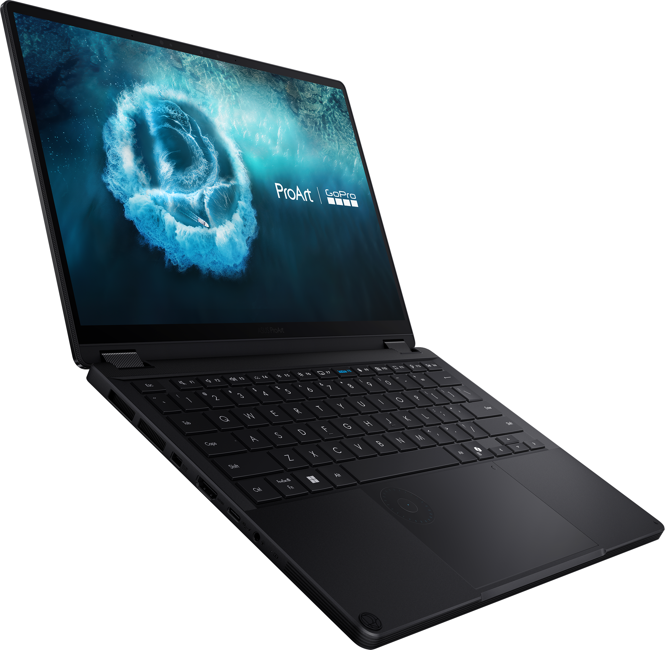 Schwarzer Laptop mit Wellen-Hintergrundbild, ProArt und GoPro Logos.
