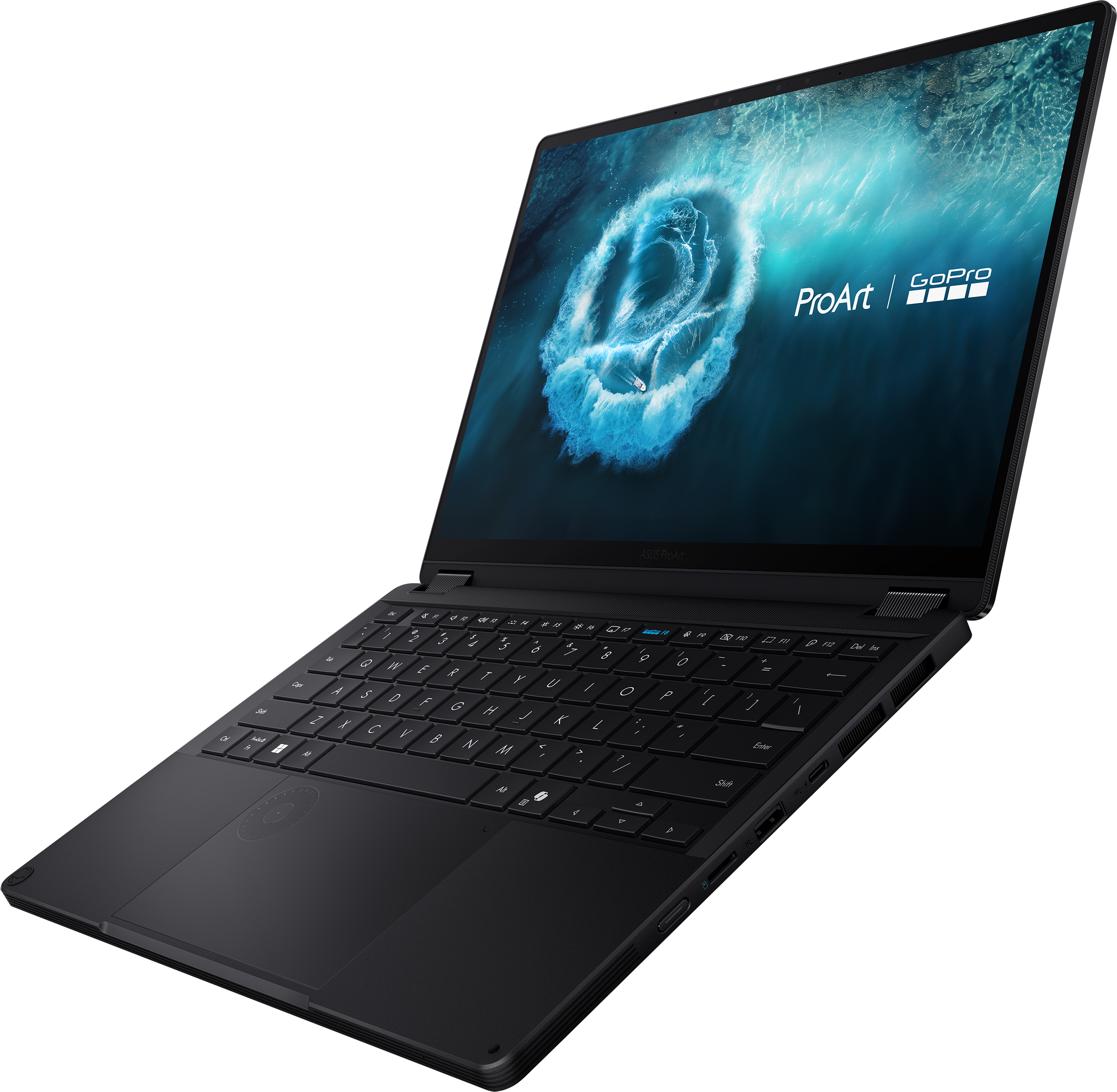 Schwarzer Laptop mit einem Bild von einem Surfer in einer blauen Welle auf dem Bildschirm.
