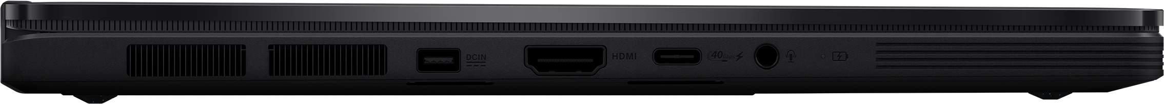 Schwarzes Laptop mit Anschlüssen: USB, DCIN, HDMI, USB-C, Audiobuchse.