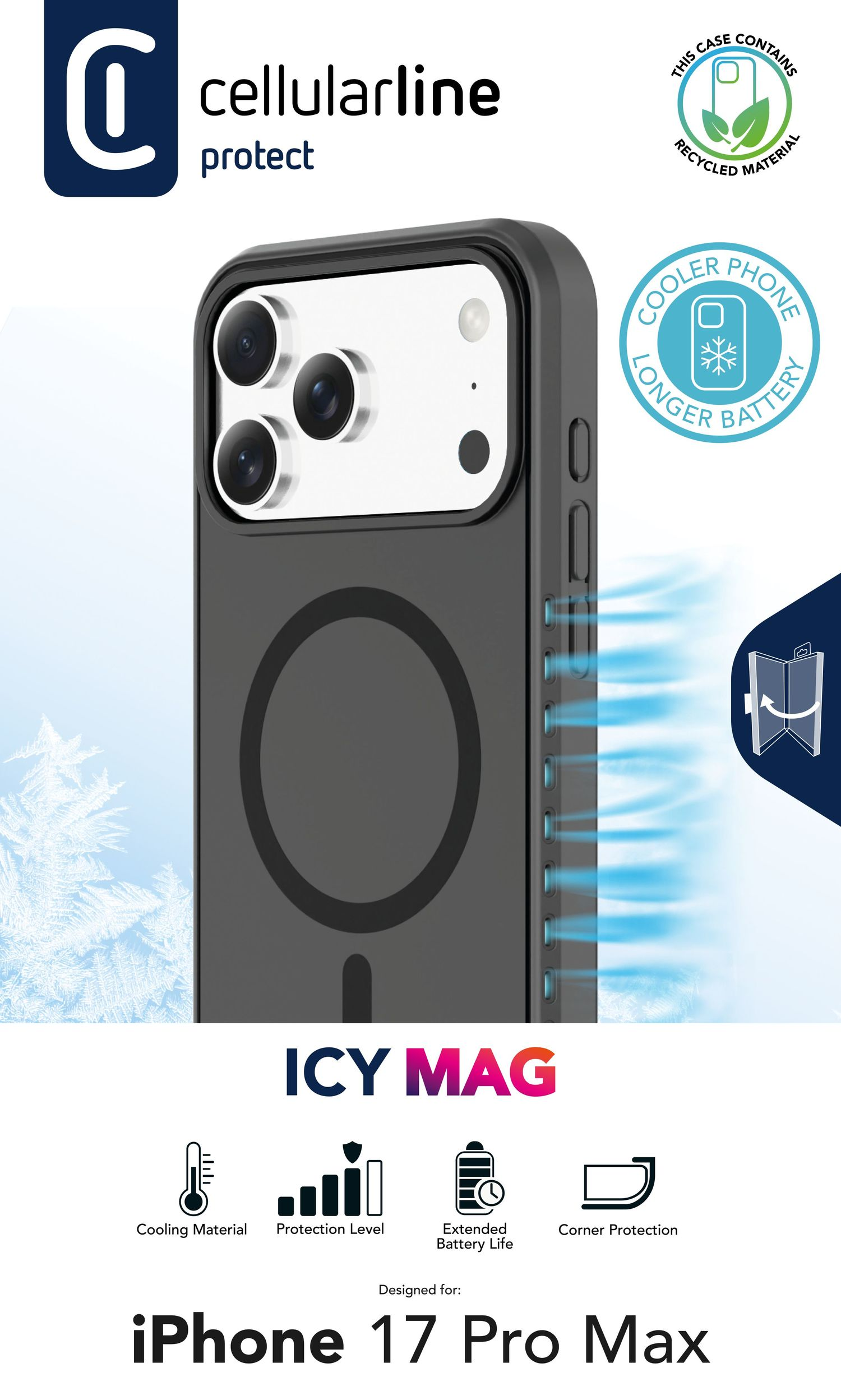 Cellularline 'ICY MAG' iPhone 17 Pro Max Hülle mit Kühlung & Schutz.
