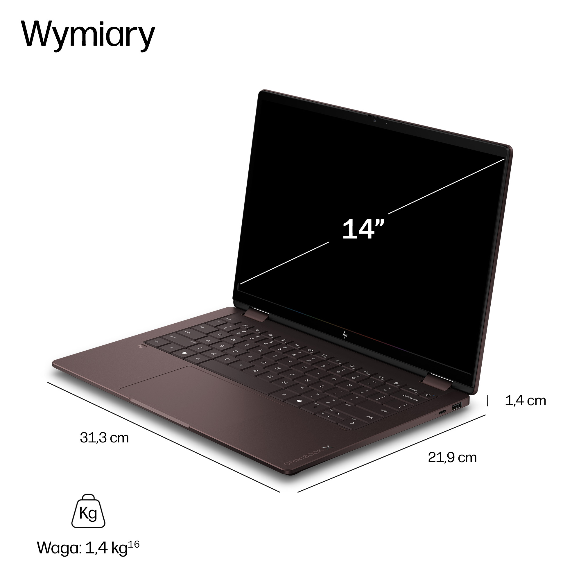 Brązowy laptop z 14-calowym ekranem, wymiarami i wagą.