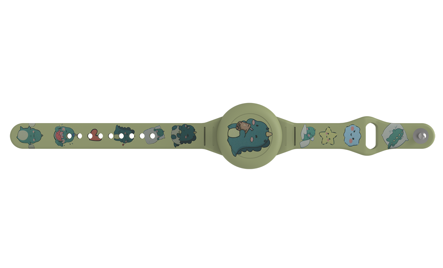 Hellgrünes Armband mit verschiedenen Cartoon-Dinosauriern und Wolken.