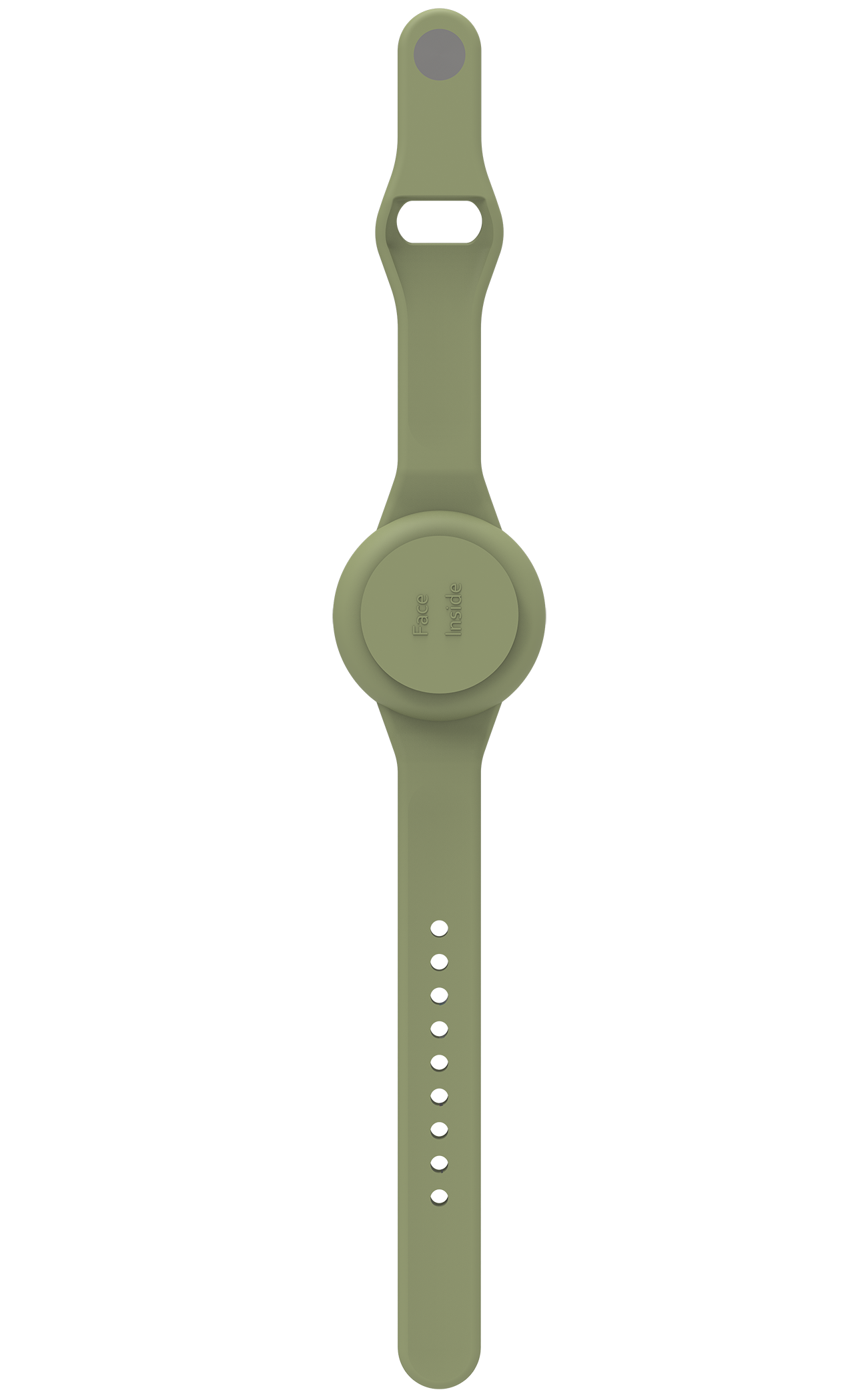 Ein olivgrünes Armband mit einem kreisförmigen Element.