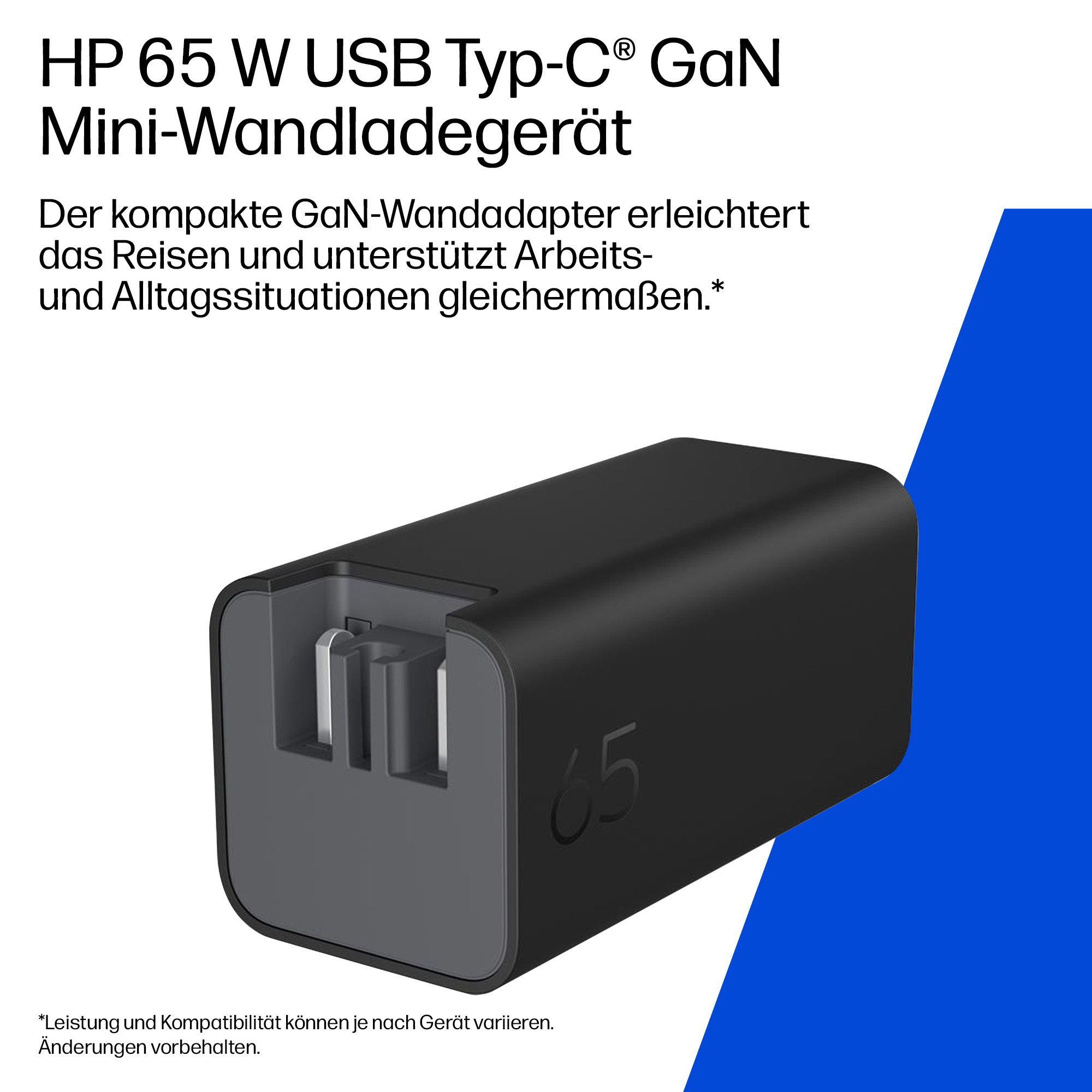Schwarzer HP 65W USB-C GaN Mini-Wandadapter mit der Zahl 65.