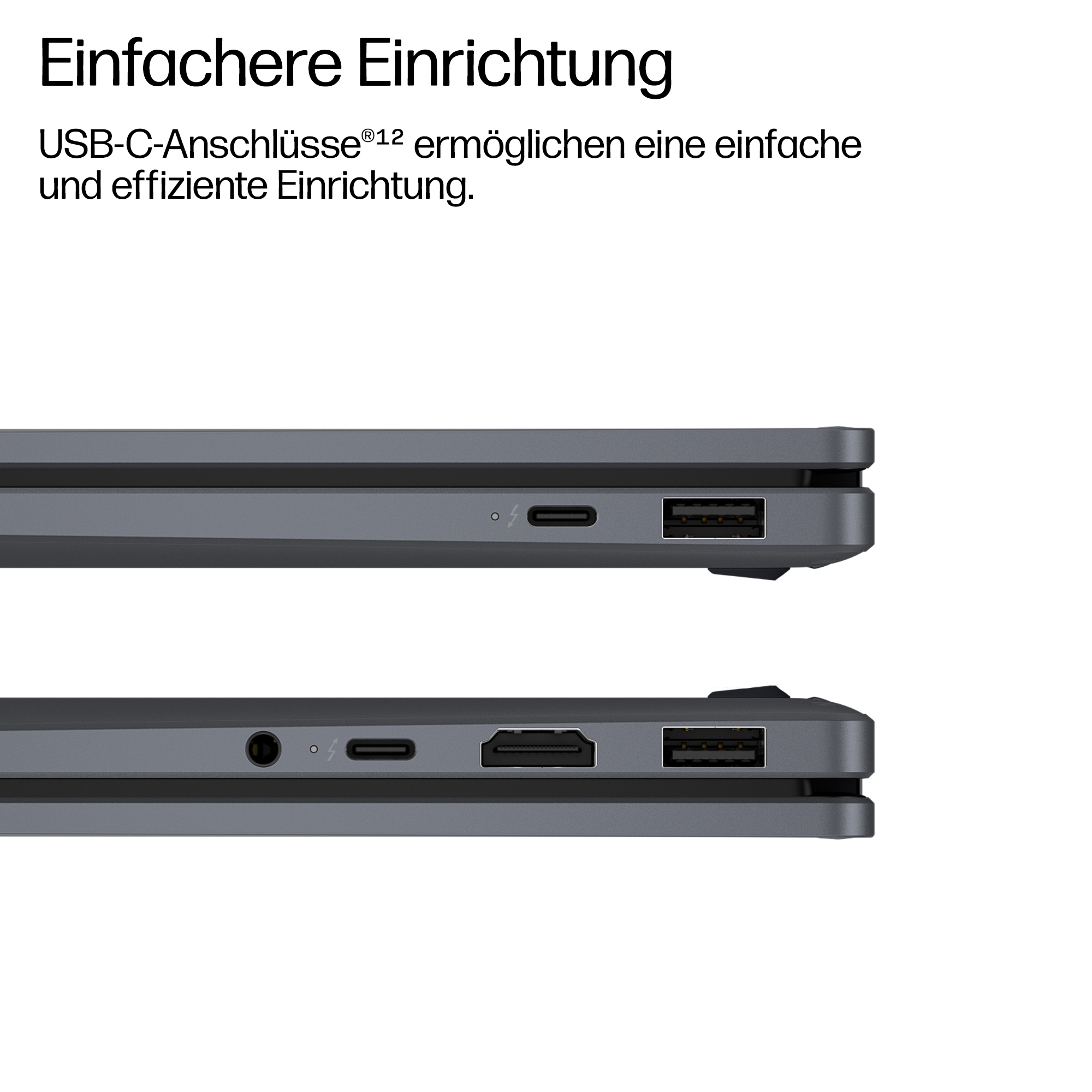 Nahaufnahme der Anschlüsse eines Laptops: USB-C, HDMI und USB-A.