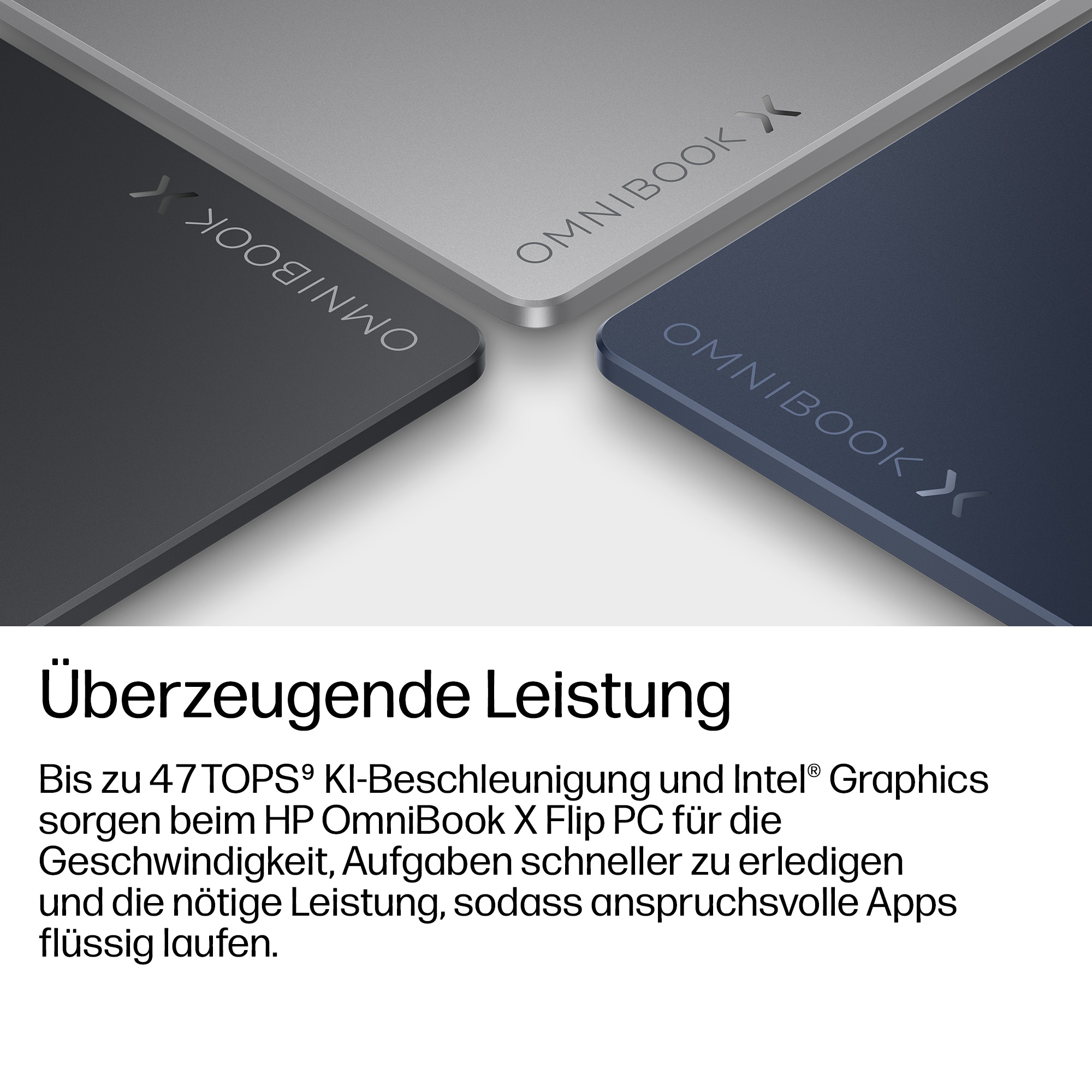 Drei Laptops in Grau-, Silber- und Blautönen, mit "OMNIBOOK X" Schriftzug.