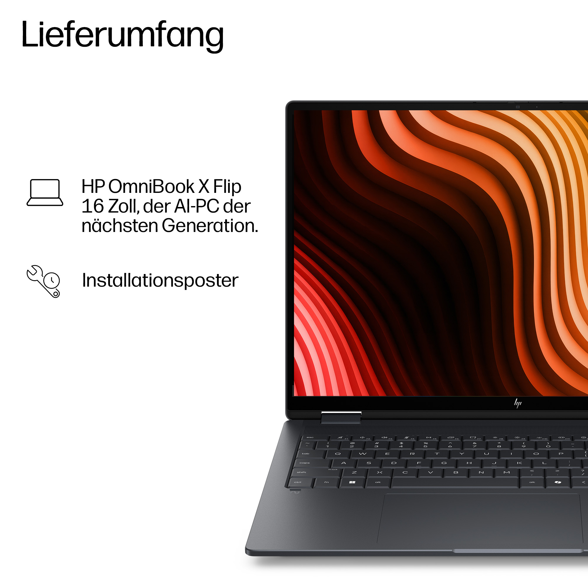 HP OmniBook X Flip Laptop mit lebendigem abstraktem Hintergrundbild.