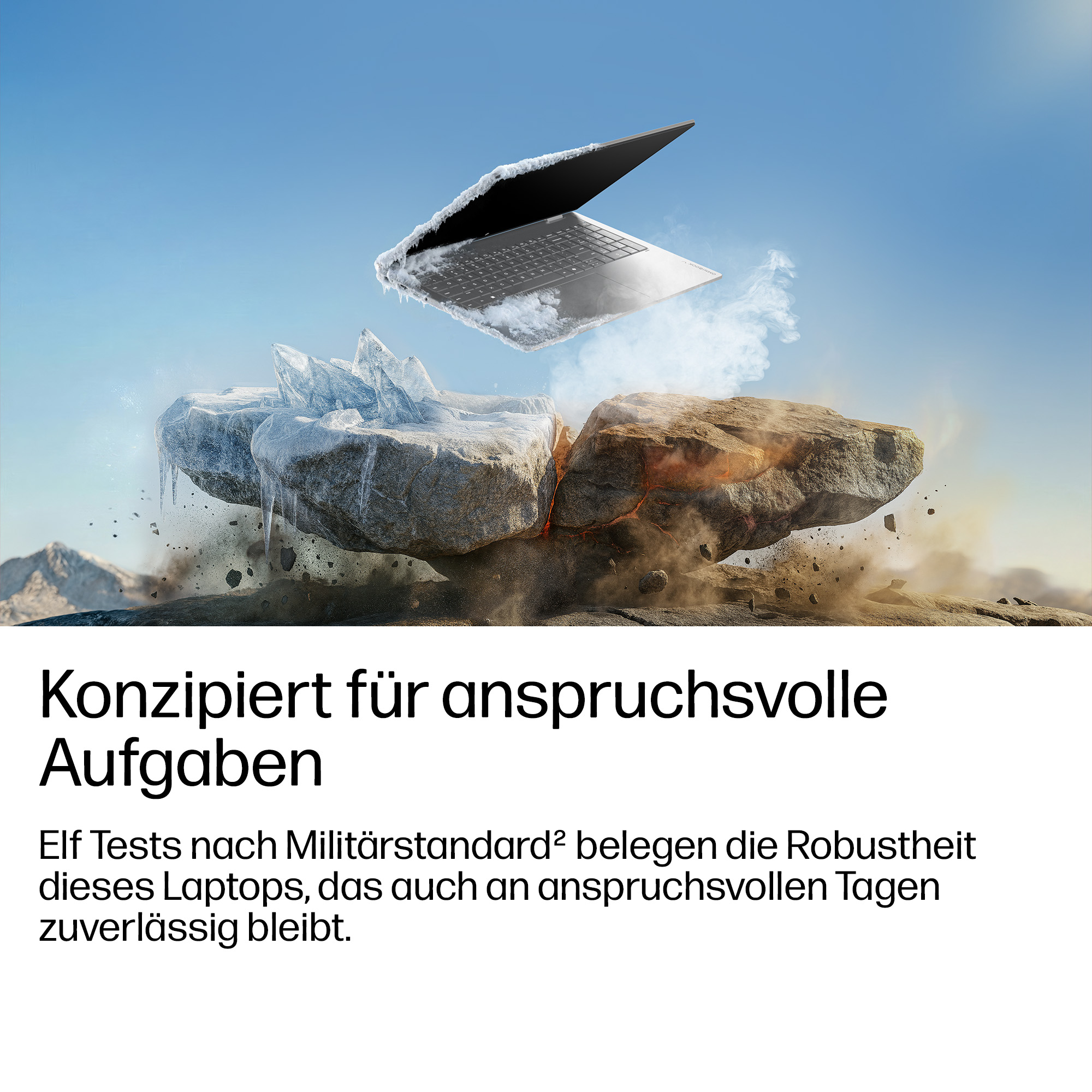 Ein Laptop schwebt über Eis und Feuer, umgeben von Trümmern und Dampf.